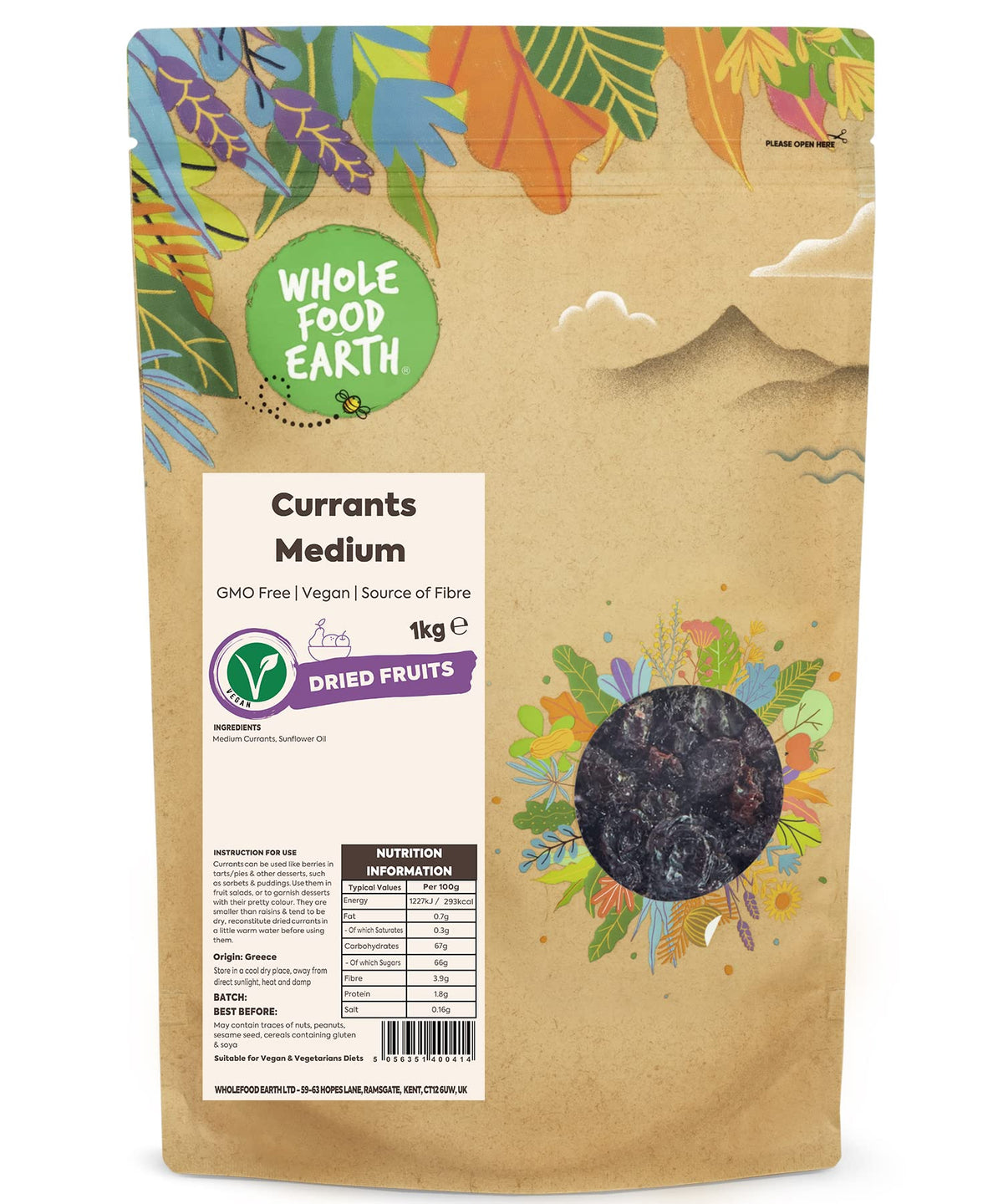 Wholefood Earth Medium Currants - 1 kg | Source of Fibre | GMO Free
