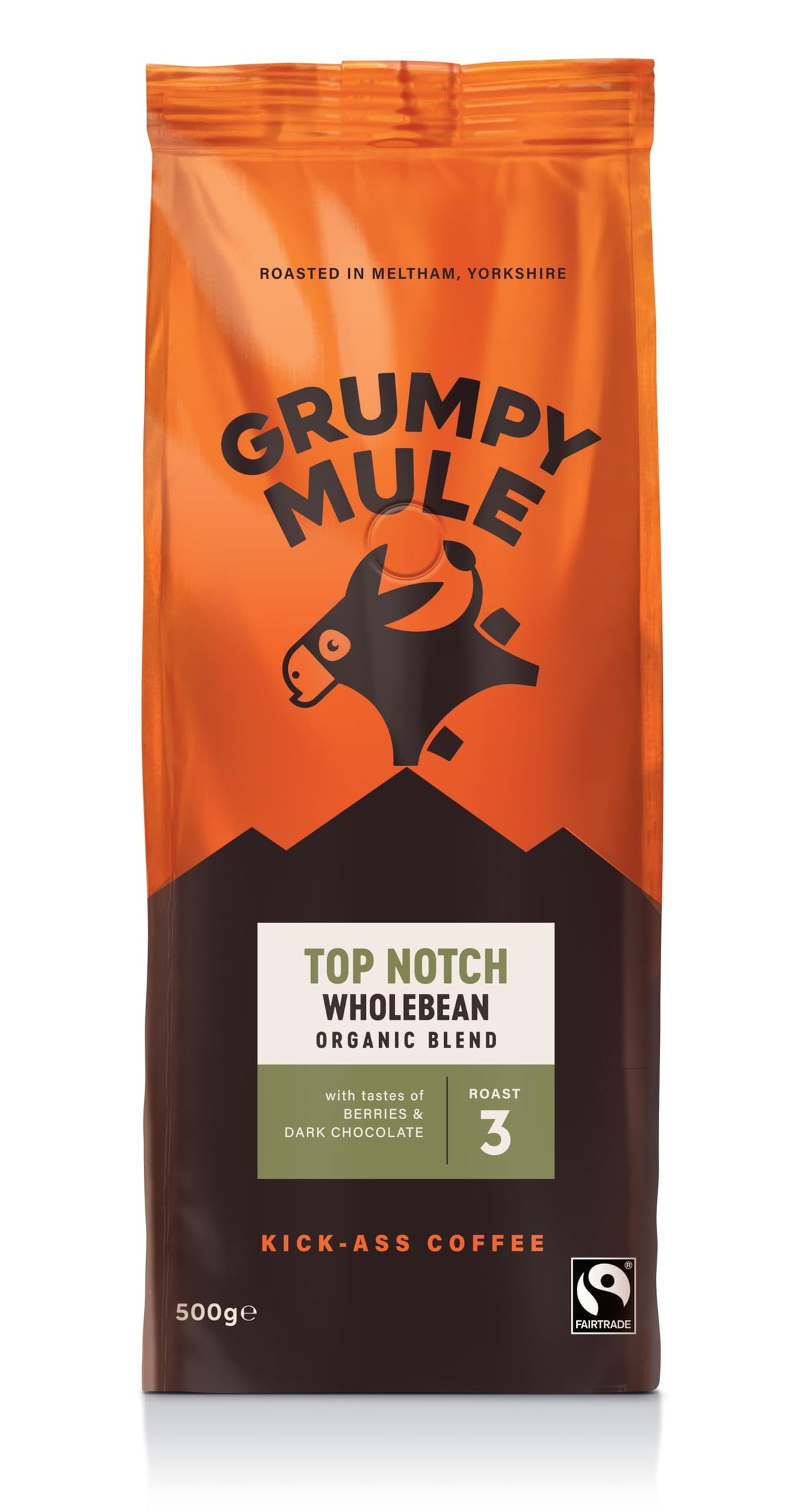 Grumpy Mule Top Notch Organic Blend Whole Coffee Beans - Roast Level 3, Berry & Dark Chocolate Notes, 500g