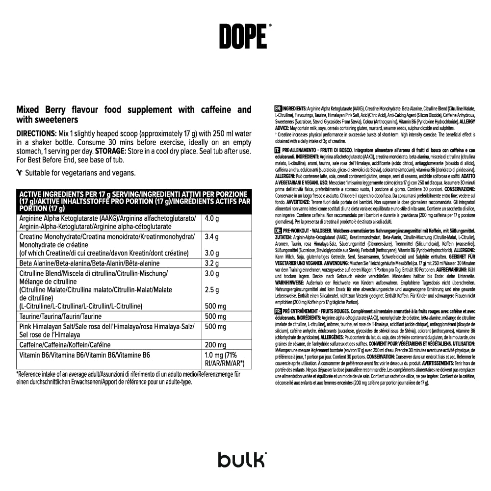 BULK POWDERS Dope Pre-Workout Powder - Mixed Berry | 3g Creatine Monohydrate | 200mg Caffeine 7