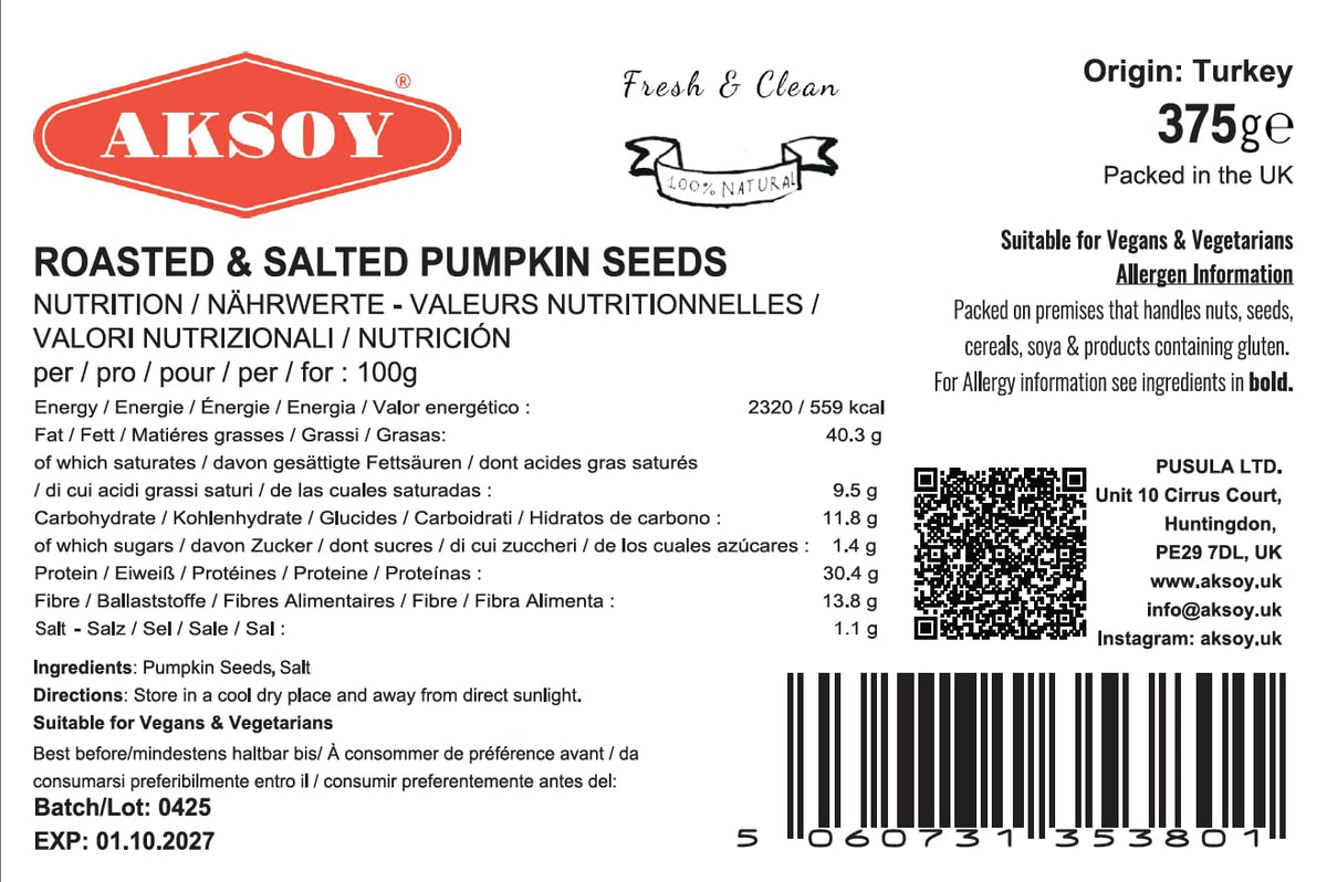 AKSOY Roasted and Lightly Salted Pumpkin Seeds - High in Fibre & Protein | 375g | Gluten-Free