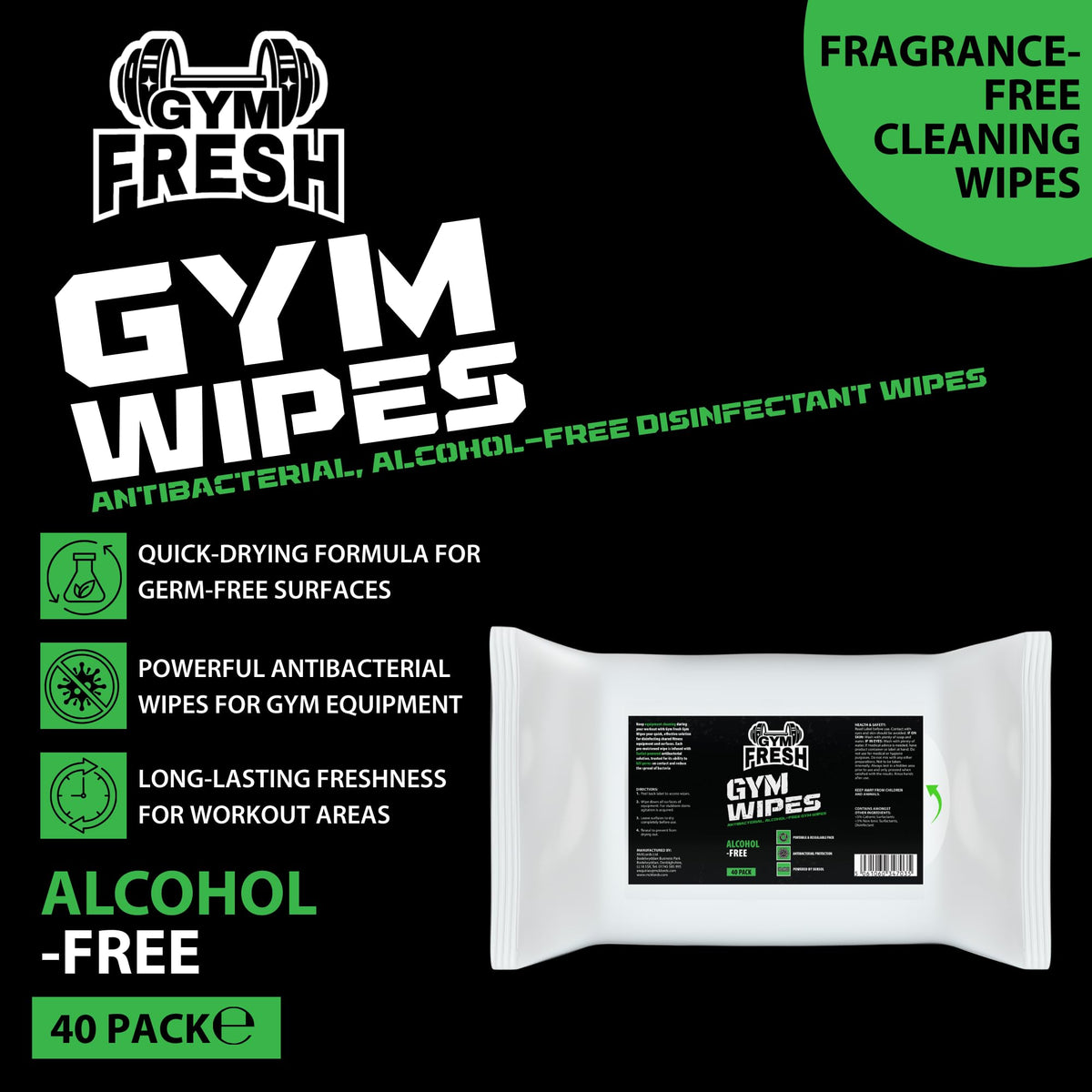 Gym Fresh Antibacterial Alcohol-Free Disinfectant Wipes - 40 Count