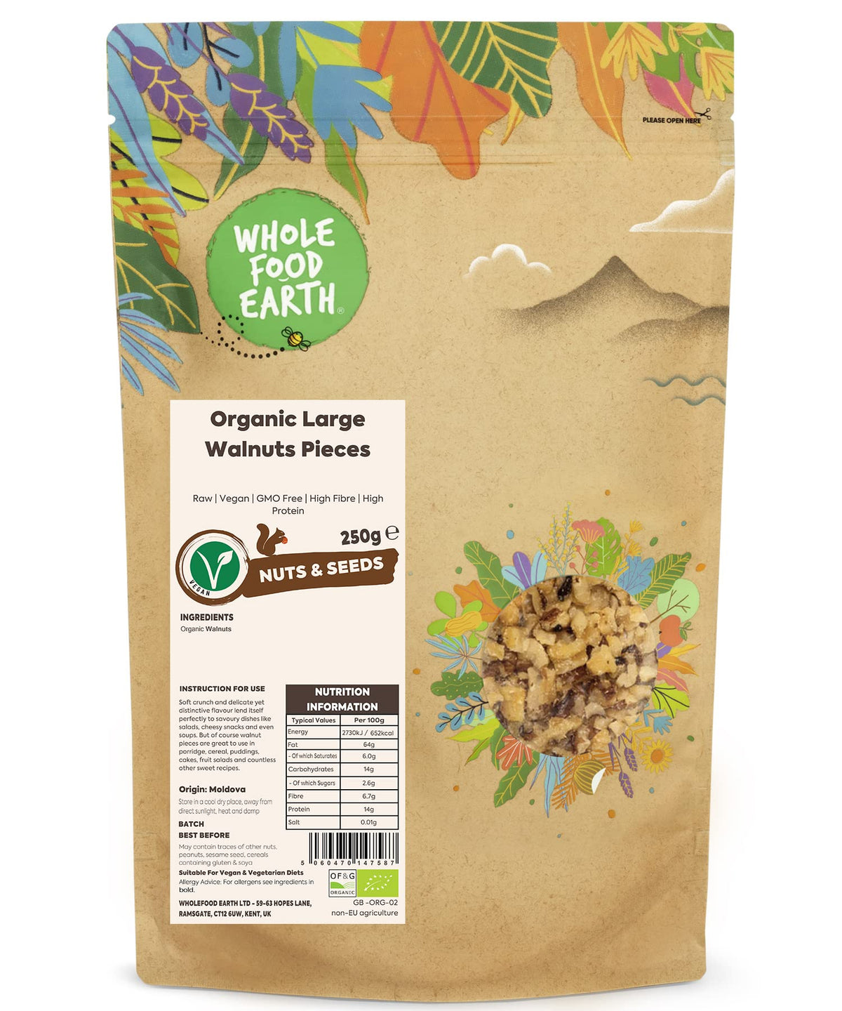 Wholefood Earth Organic Large Walnut Pieces - Raw, 250g