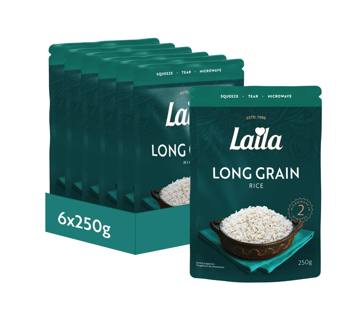 Laila Long Grain Microwave Rice - 6 x 250g Packs | Ready in 2 Minutes