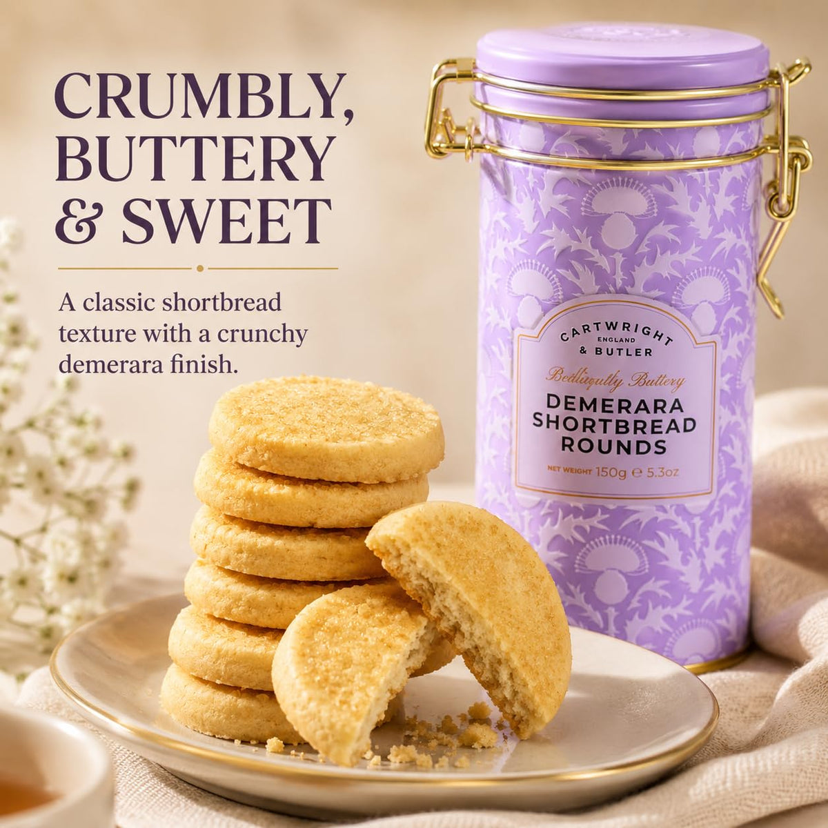 Cartwright & Butler Demerara Shortbread Rounds - Buttery & Crumbly | 150g Tin 3