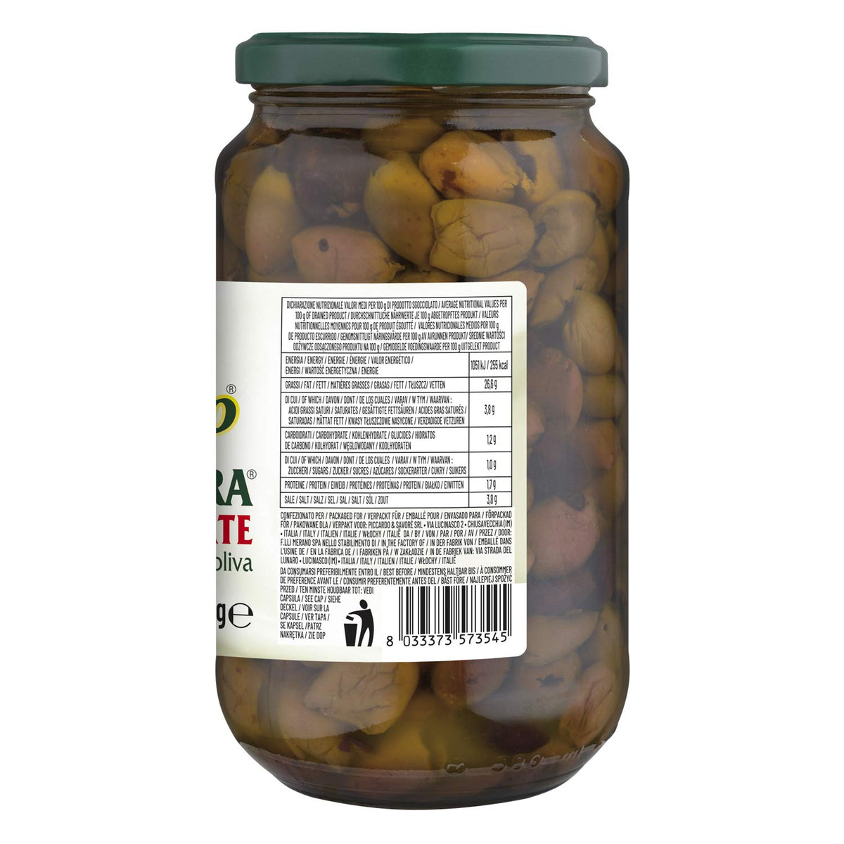 Le Terre di Colombo Pitted Riviera Olives in Extra Virgin Olive Oil - 500g Jar (Pack of 2)