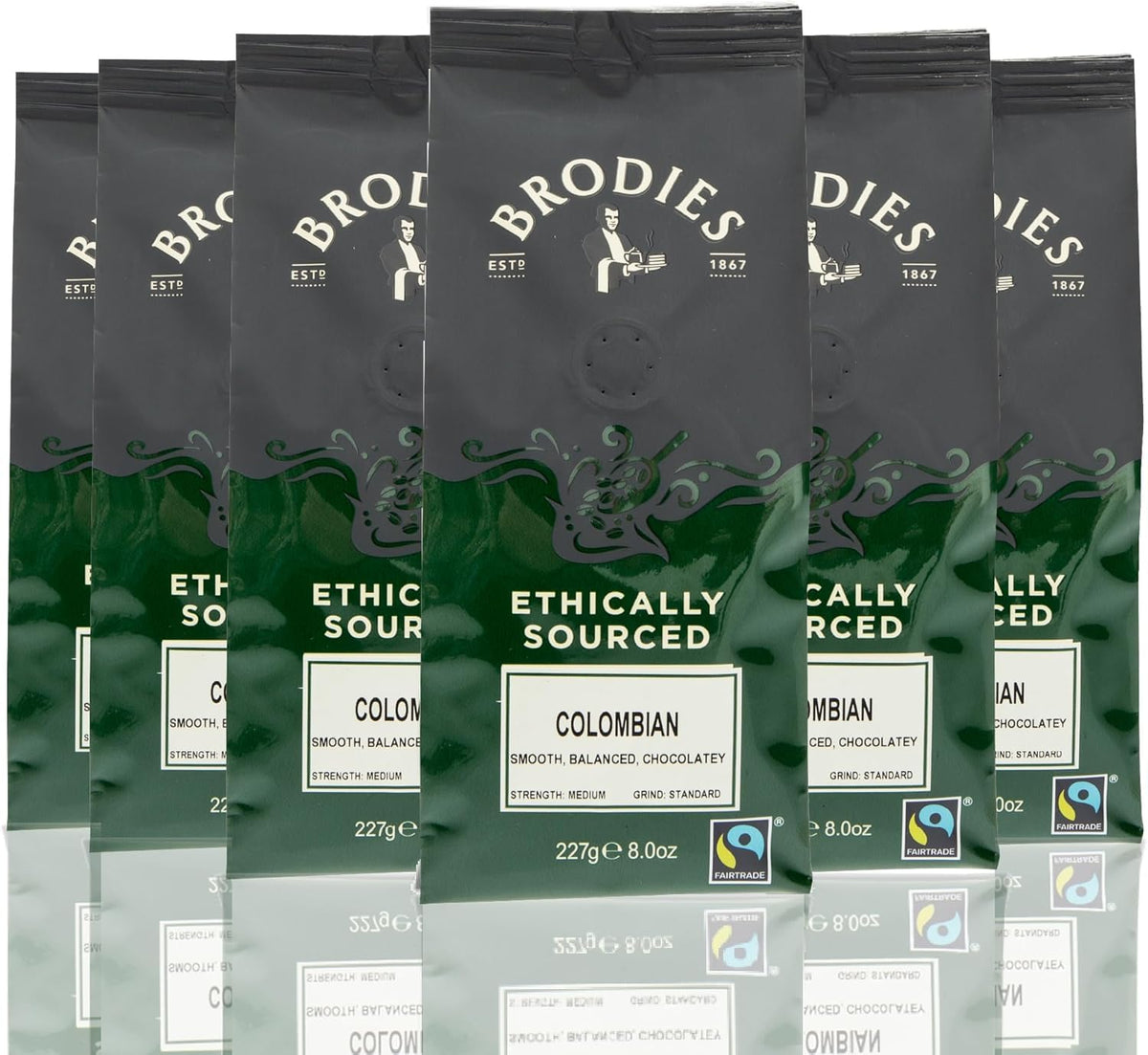 Brodies Colombian Fairtrade Ground Coffee - 100% Arabica, Medium Intensity, Chocolate Notes | 227g Pack of 6
