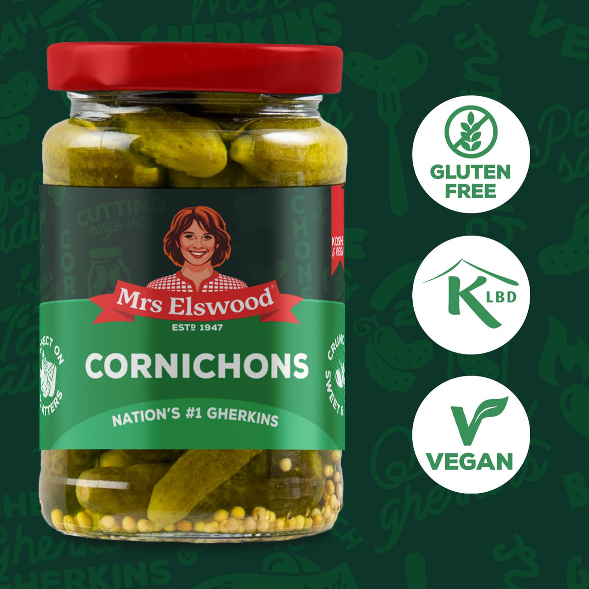 Mrs Elswood Cornichons - Pickled Gherkins | 6 x 215g 2