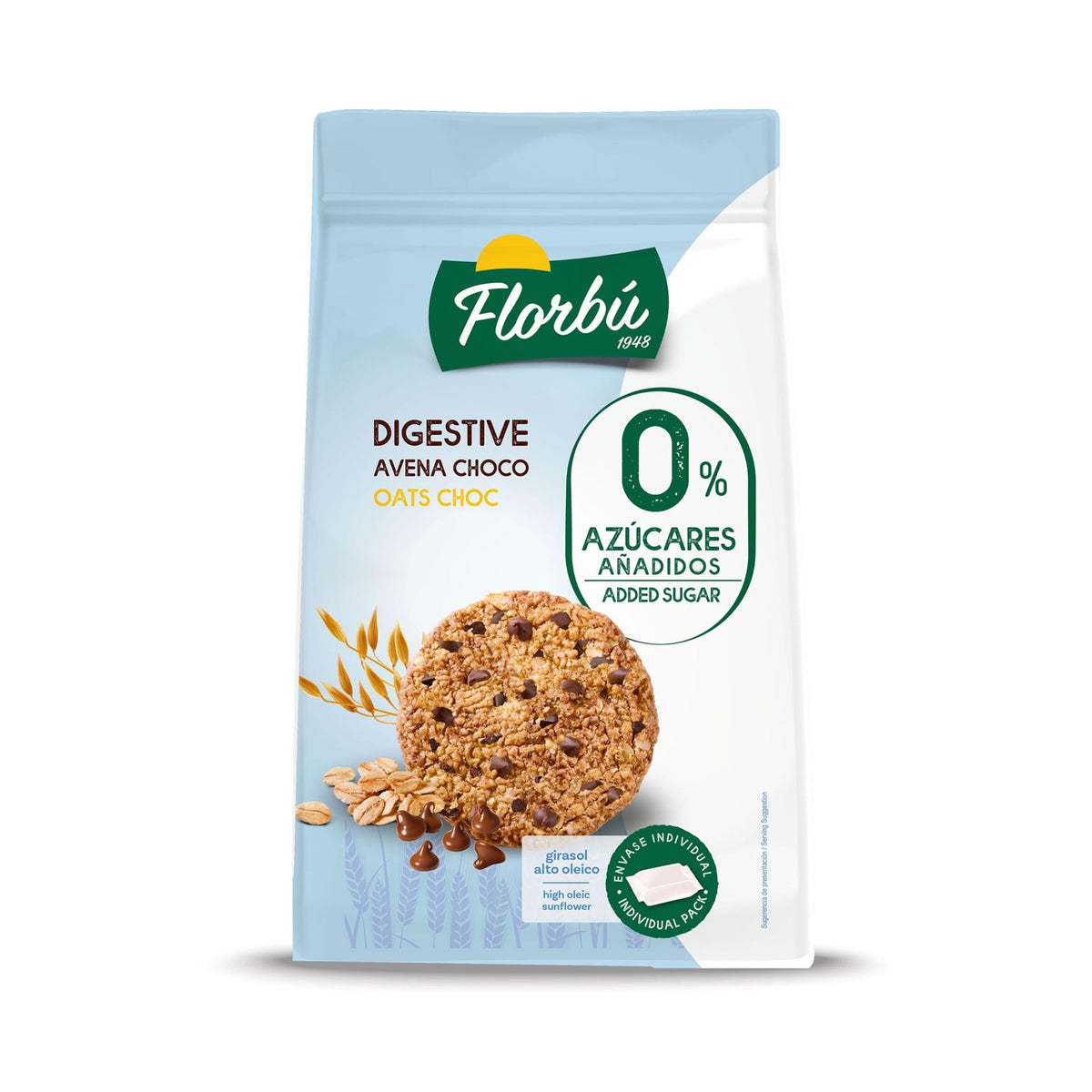 Florbú Digestive Avena Choco Cookies - 0% Added Sugar, 36% Oat Flakes, 15% Chocolate Chips, 245g