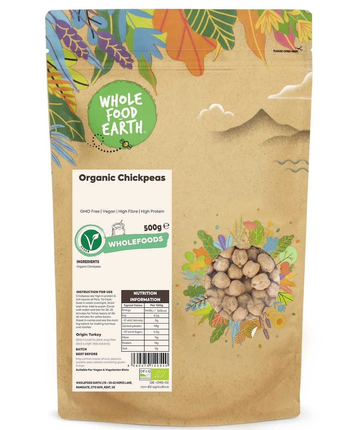 Wholefood Earth Organic Chickpeas - 500g | High Fibre | Vegan