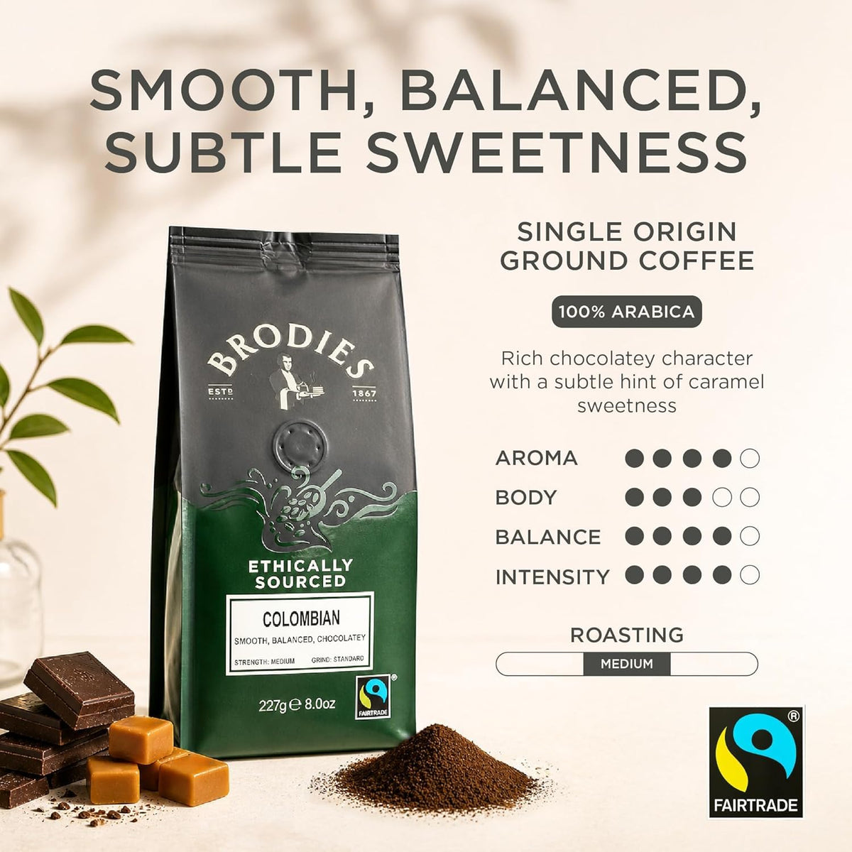 Brodies Colombian Fairtrade Ground Coffee - 100% Arabica, Medium Intensity, Chocolate Notes | 227g Pack of 6