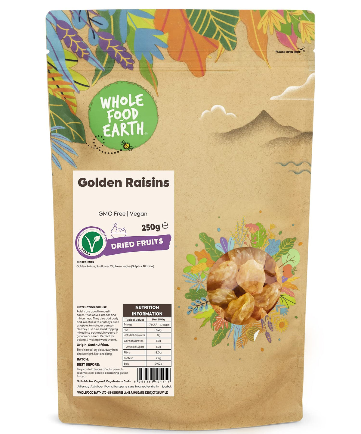 Wholefood Earth Golden Raisins - 250g | Seedless | GMO Free