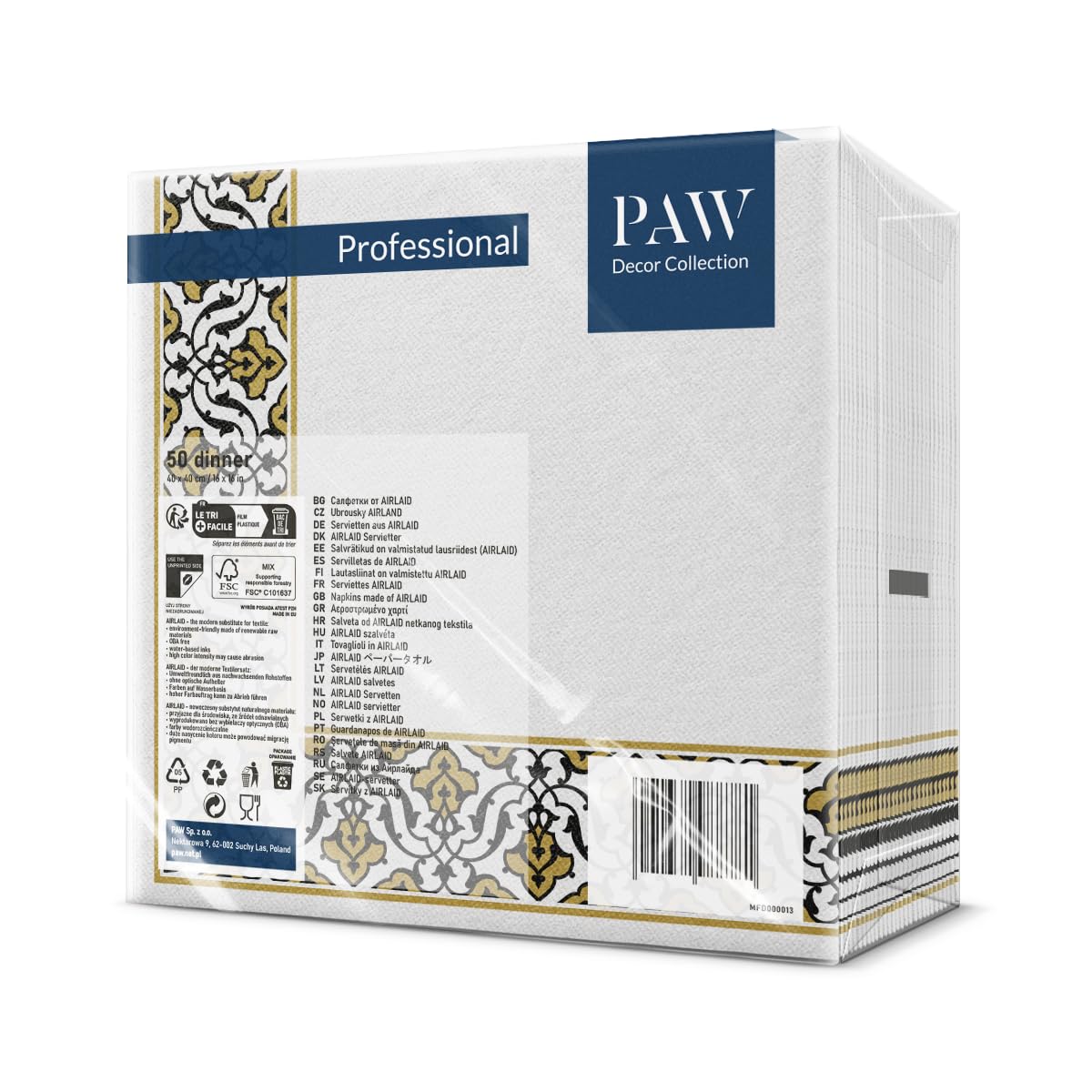 PAW Decor Collection Airlaid Napkins - Floral Frame Gold-Black | 40 x 40 cm | 50 Pack