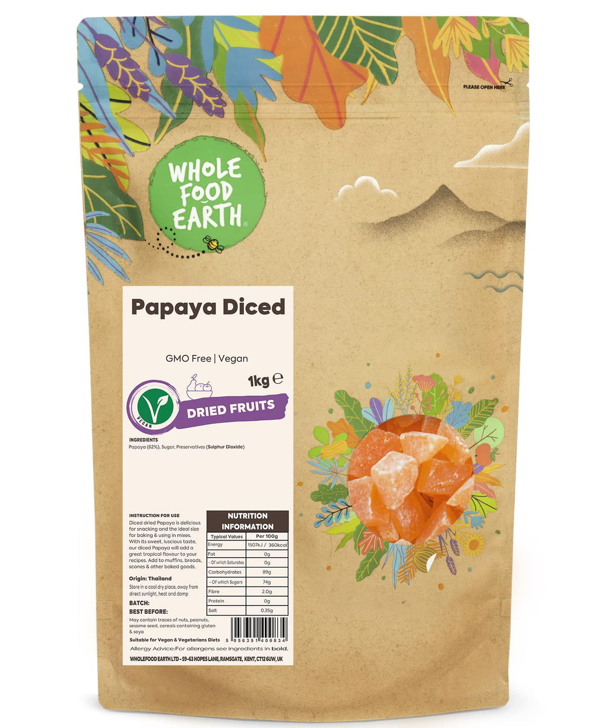 Wholefood Earth Diced Papaya - 1 kg | GMO Free, Sustainably Sourced 1