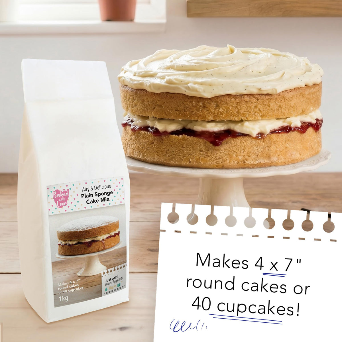 Baked With Love Plain Cake Mix - 1kg | Makes 40 Cupcakes or 4 x 7" Cakes | Easy Bake Sponge 3