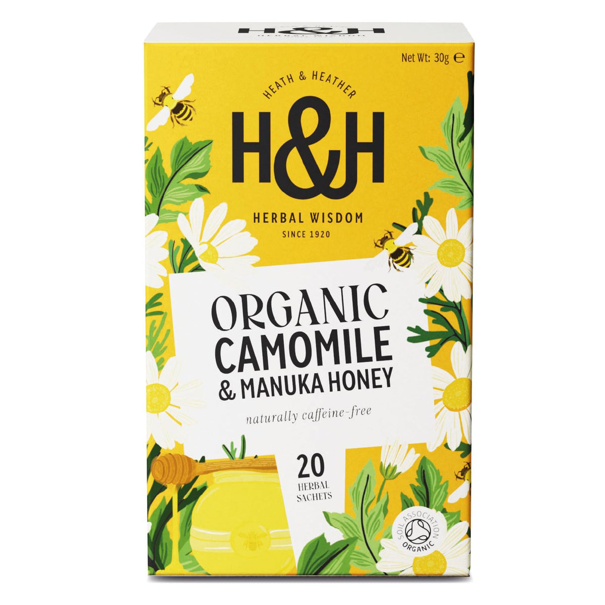 Heath & Heather Organic Camomile with Manuka Honey Herbal Tea - Promotes Relaxation | 20 Teabags | 40g