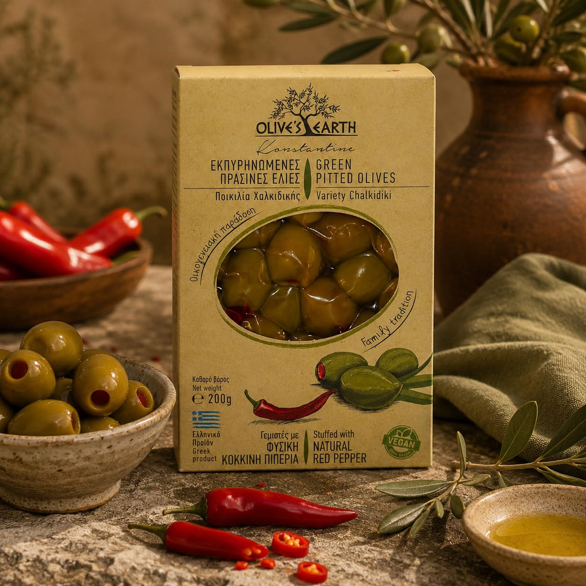 Olive's Earth Greek Green Pitted Olives Stuffed with Red Pepper - 800g Pack