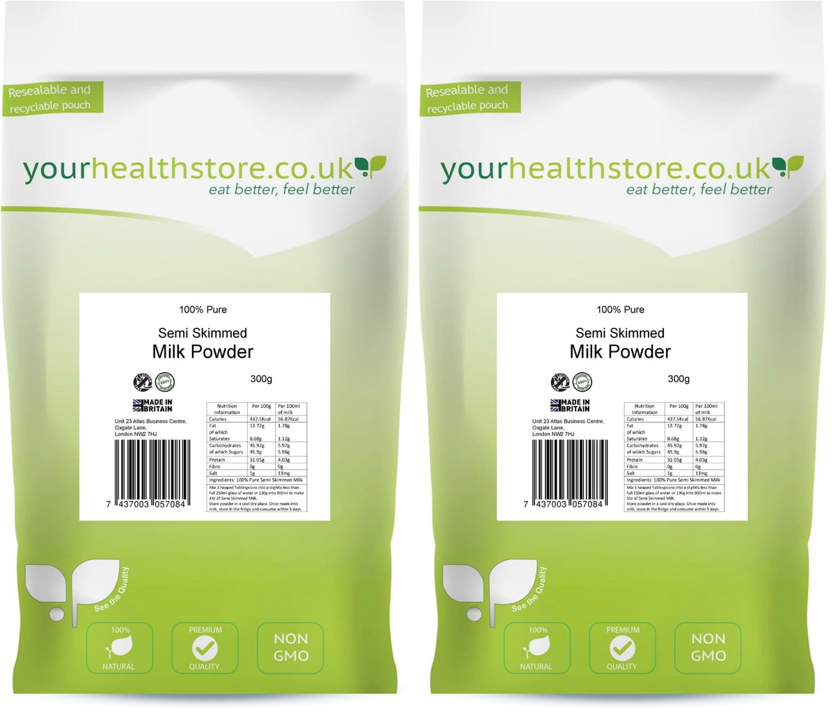 yourhealthstore Semi Skimmed Milk Powder - 100% Pure, Gluten Free, Vegetarian | 600g Pack of 2 1