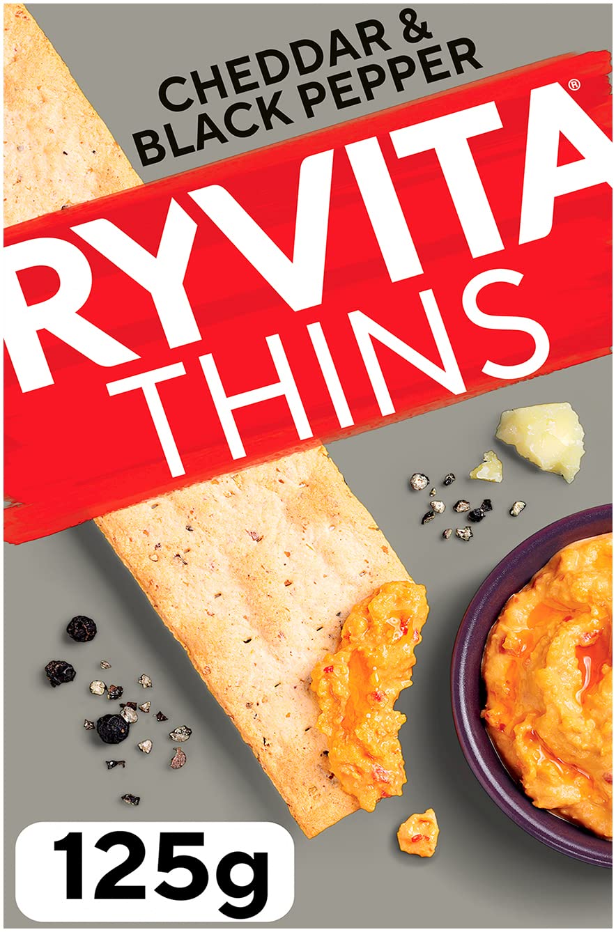 Ryvita Cheddar & Cracked Black Pepper Thins - 6 Packs of 125g | Source of Fibre | Made in UK