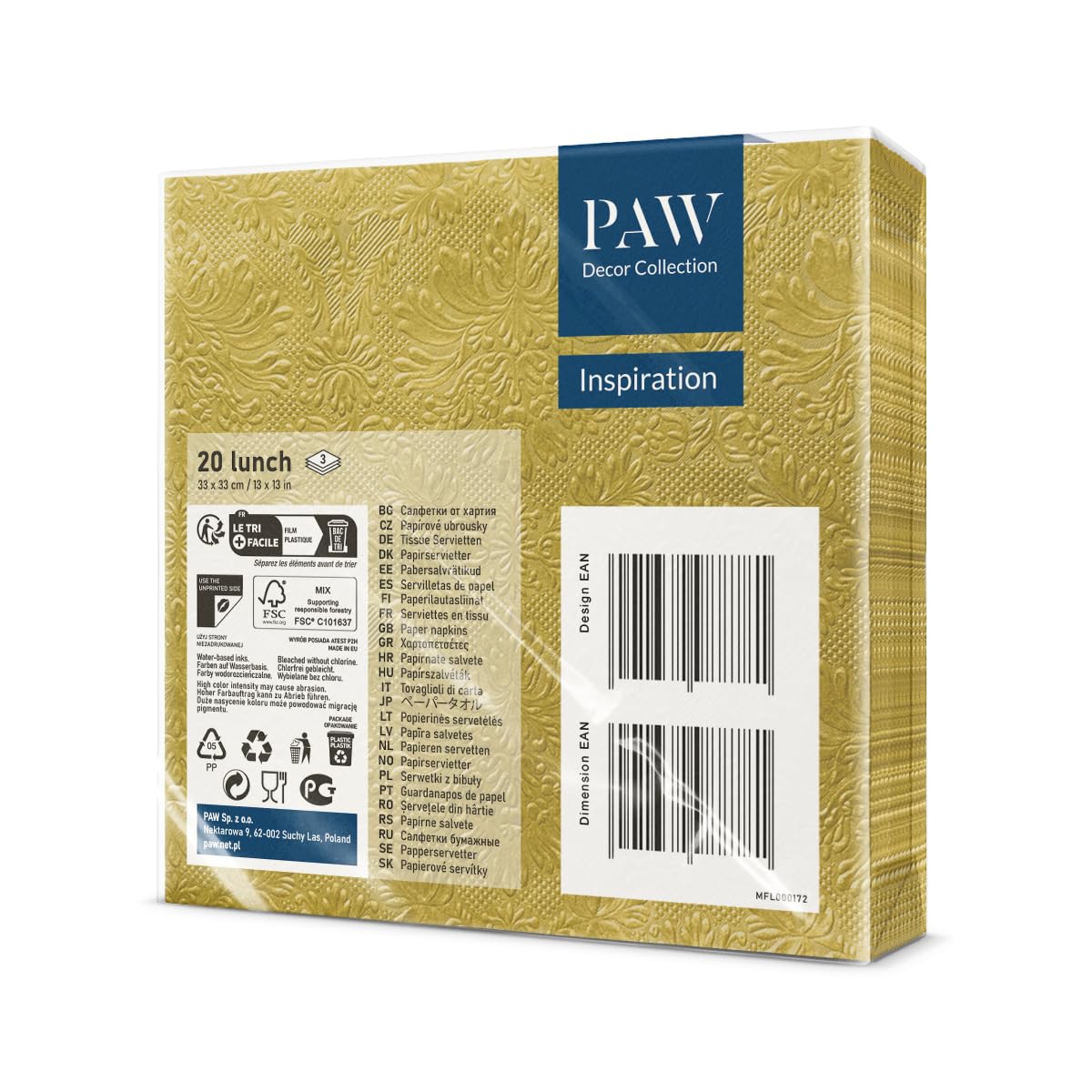 PAW Decor Collection Napkins - 3-Ply Gold Ornaments | 20 Pieces | 33 x 33 cm 2