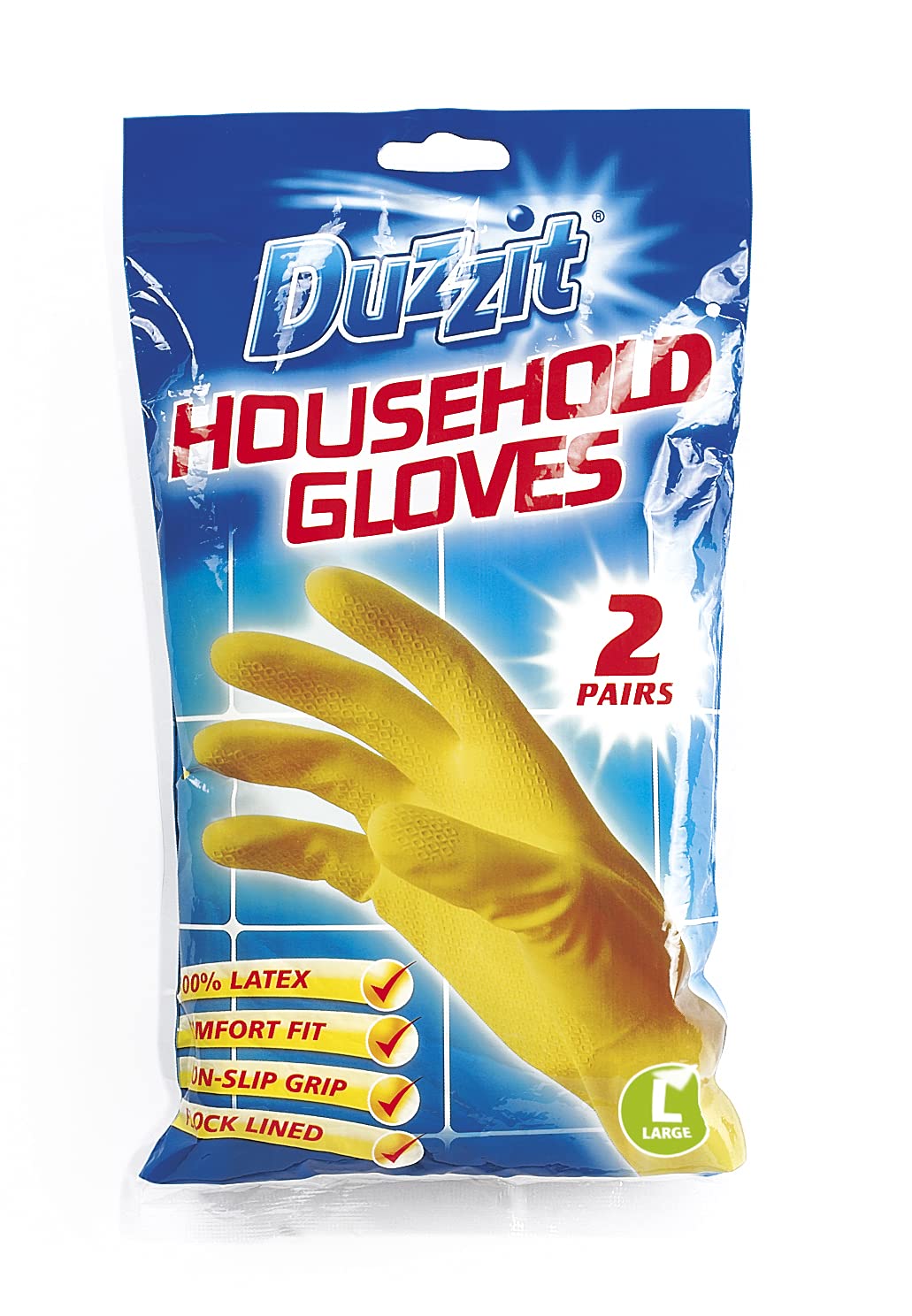 Duzzit Latex Cleaning Gloves - Yellow, Size L (Pack of 2)
