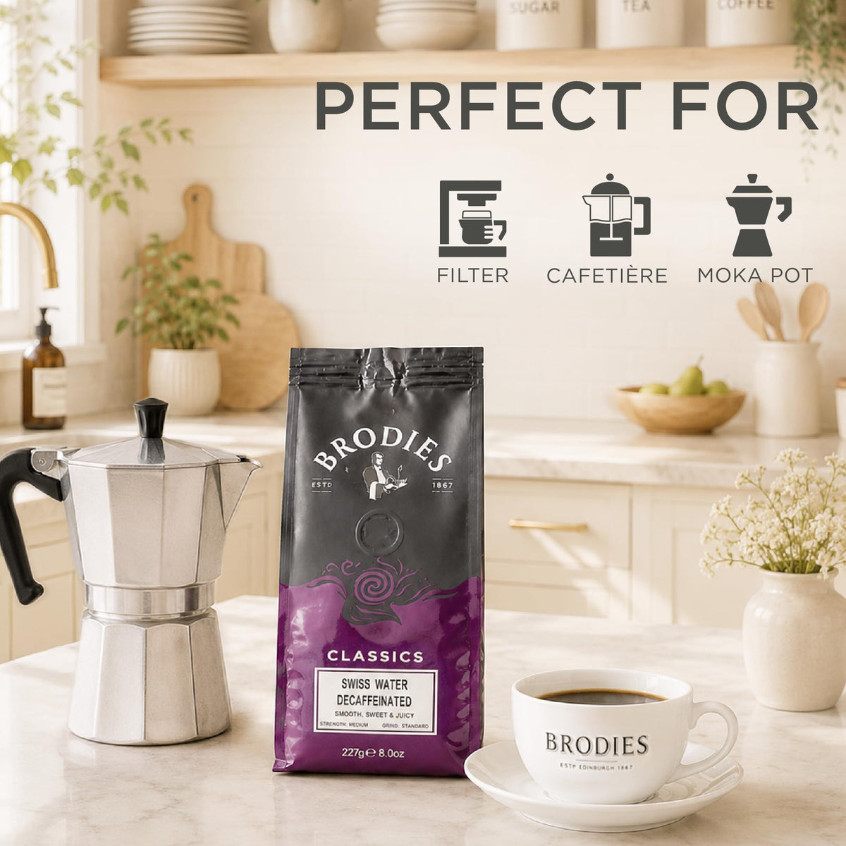 Brodies Swiss Water Decaffeinated Ground Coffee - 227g Pack of 4 | Arabica Beans | Medium Roast 4