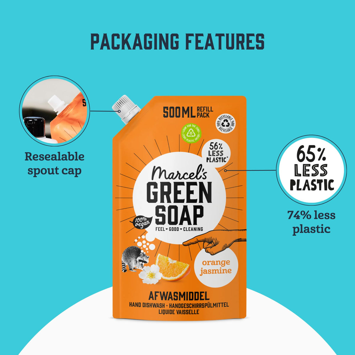 Marcel's Green Soap Washing-Up Liquid - Orange & Jasmine - 2 x 500ml Refill Pouches 3