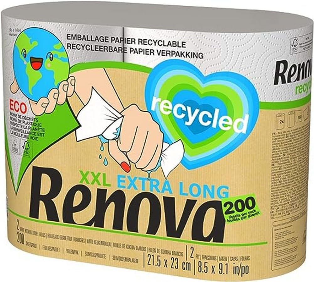 Renova Recycled XXL Kitchen Roll - 2 Rolls, White, 2-Ply | 100 Services per Roll