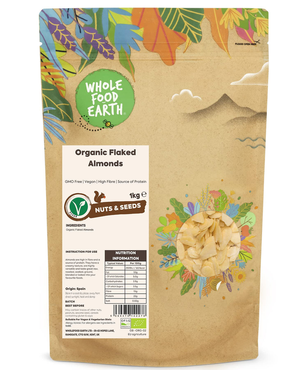 Wholefood Earth Organic Flaked Almonds - 1kg | High Fibre | Vegan