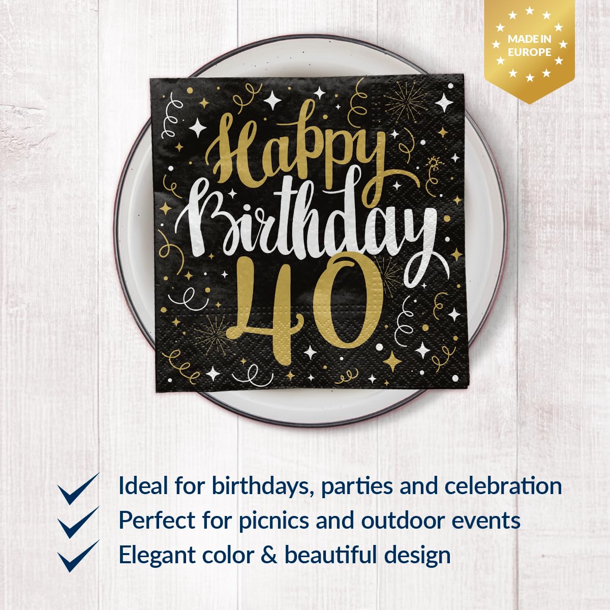 PAW Paper Napkins - Gold Birthday 40 | 33 x 33 cm | 20 Pack