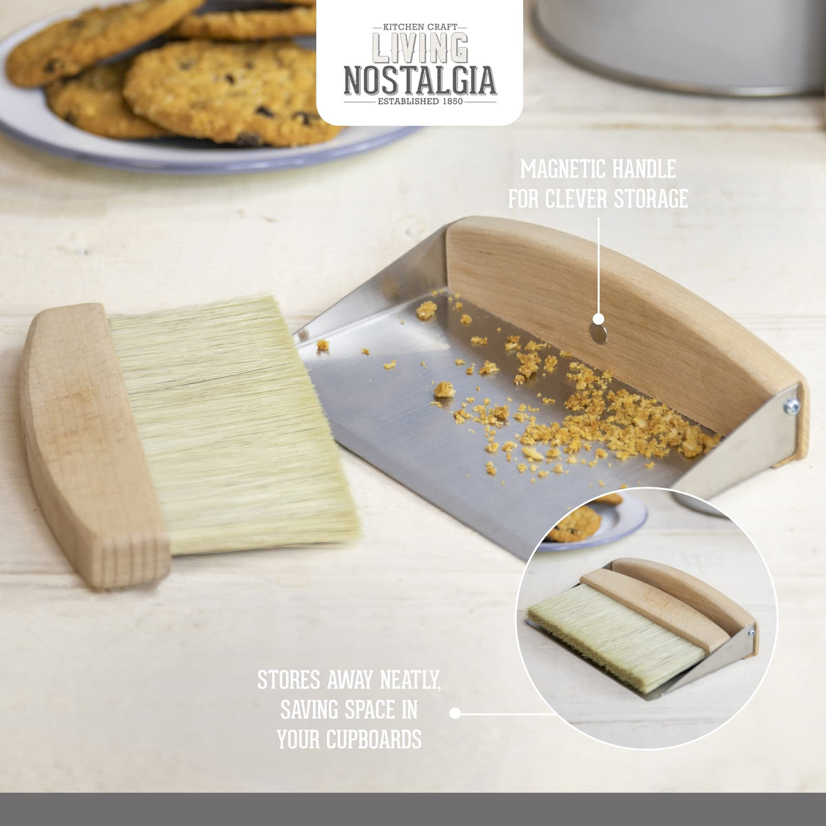 KitchenCraft Living Nostalgia Table-Top Dustpan and Brush Set - Compact Storage | Stainless Steel & Wood | 2 Pieces 5