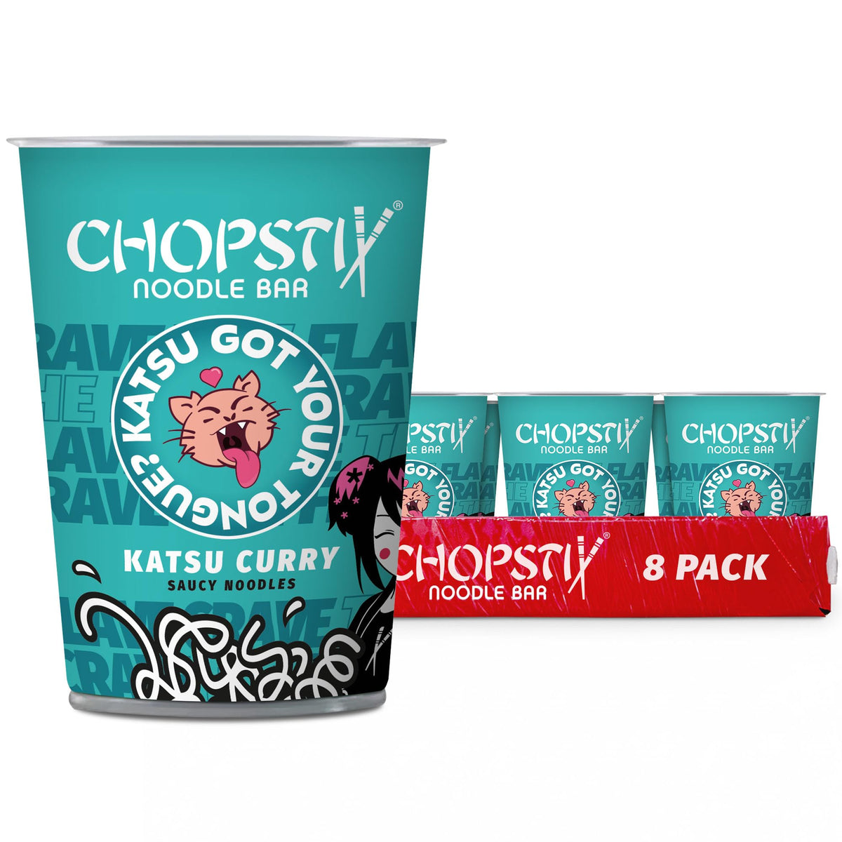 Chopstix Katsu Curry Saucy Noodles - 8 x 72g Portions | Extra-Long Wheat Noodles