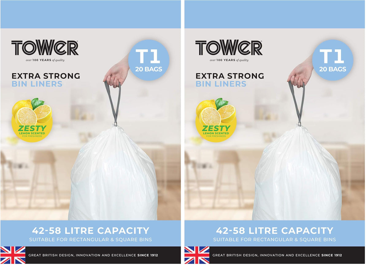 Tower Heavy Duty Drawstring Bin Liners - Lemon Scented | 40 Count | 58L Capacity