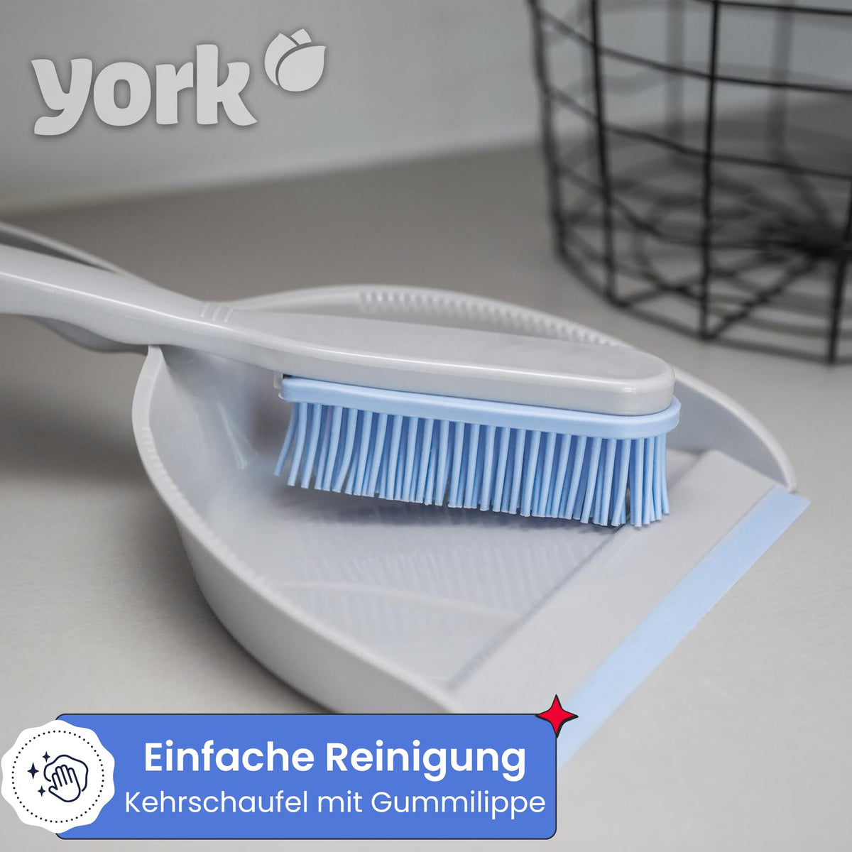 York Bacteria Stop Hand Brush and Shovel Set - Rubber Bristles, Pet Hair Removal | Grey/Blue | 30cm 5