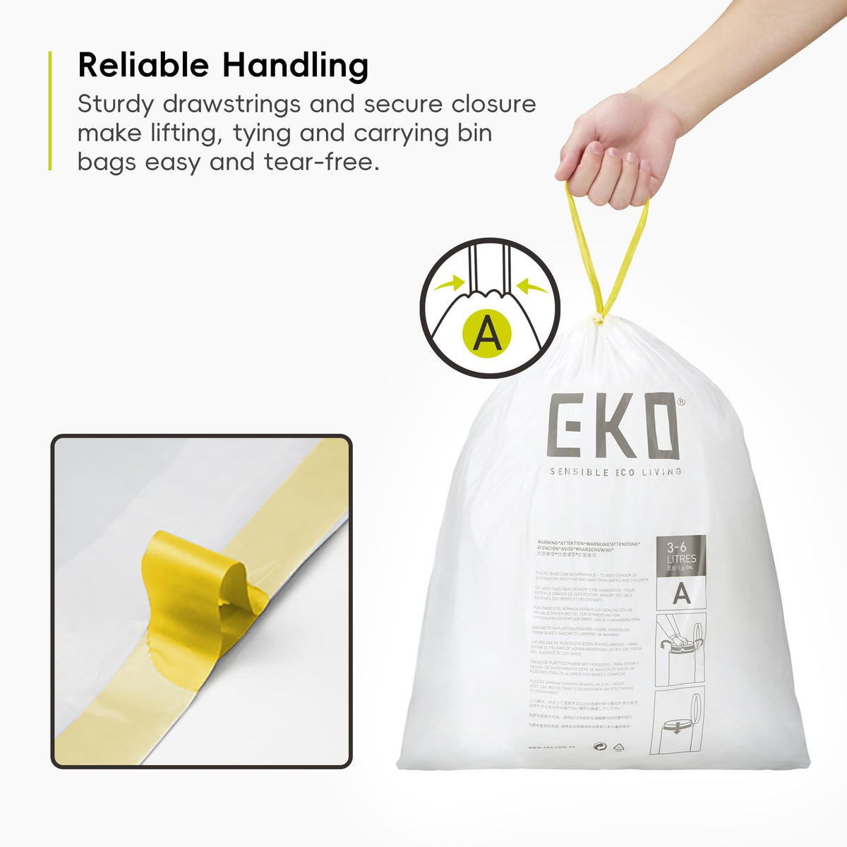 EKO Drawstring Bin Liners - Extra Strong, Leakproof | 3-6 Litre, 80 Count 4