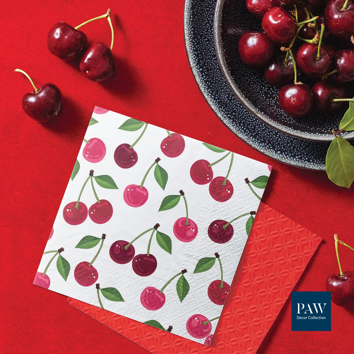 PAW Decor Collection Paper Napkins - 3-Ply Cherries Pattern | 20 Pieces | 33 x 33 cm 5
