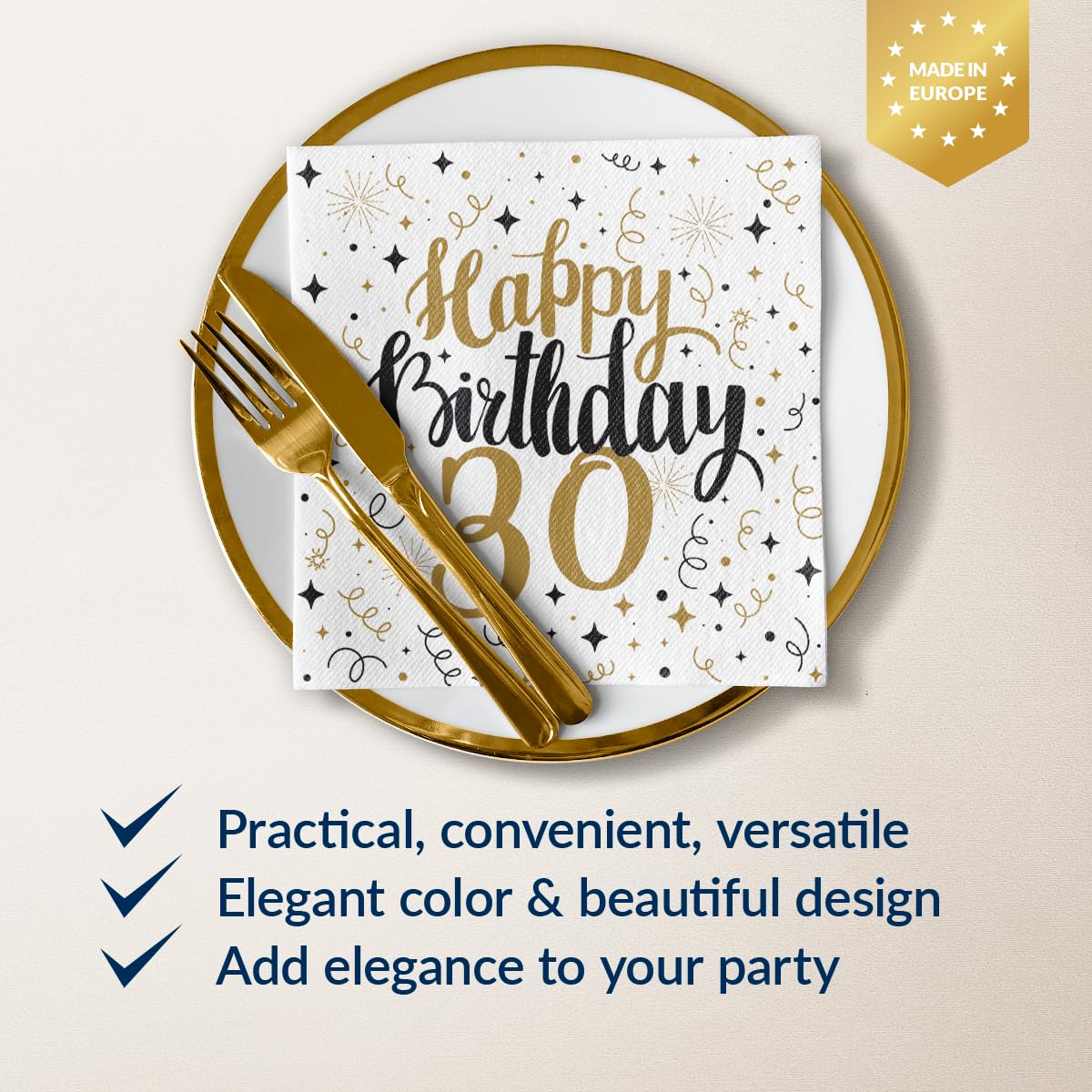 PAW Decor Collection Linen Feel Napkins - 40 x 40 cm, 50 Pack, Gold Birthday 30