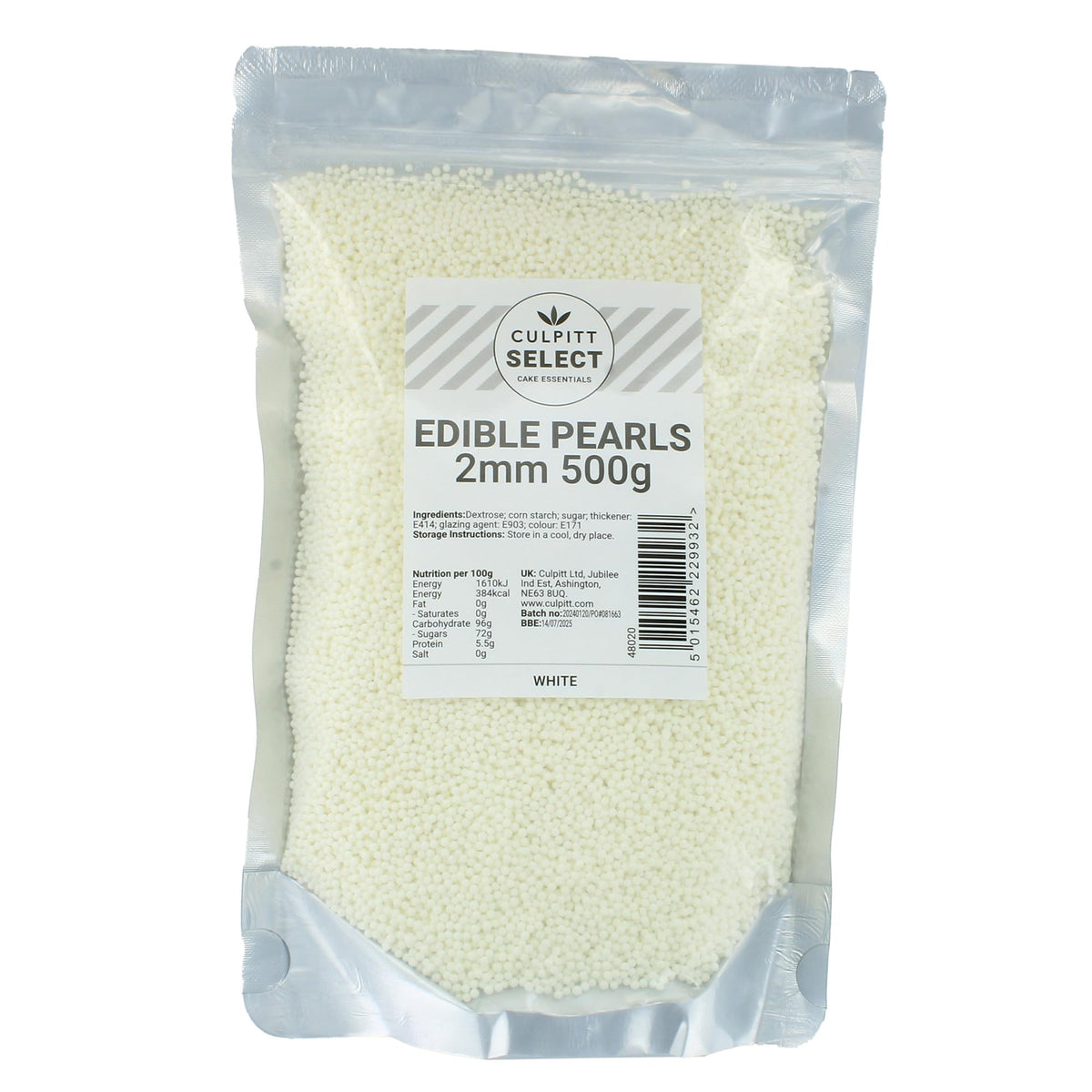 Culpitt Select White Pearls - 2mm Edible Cake Decorations | 500g Pouch