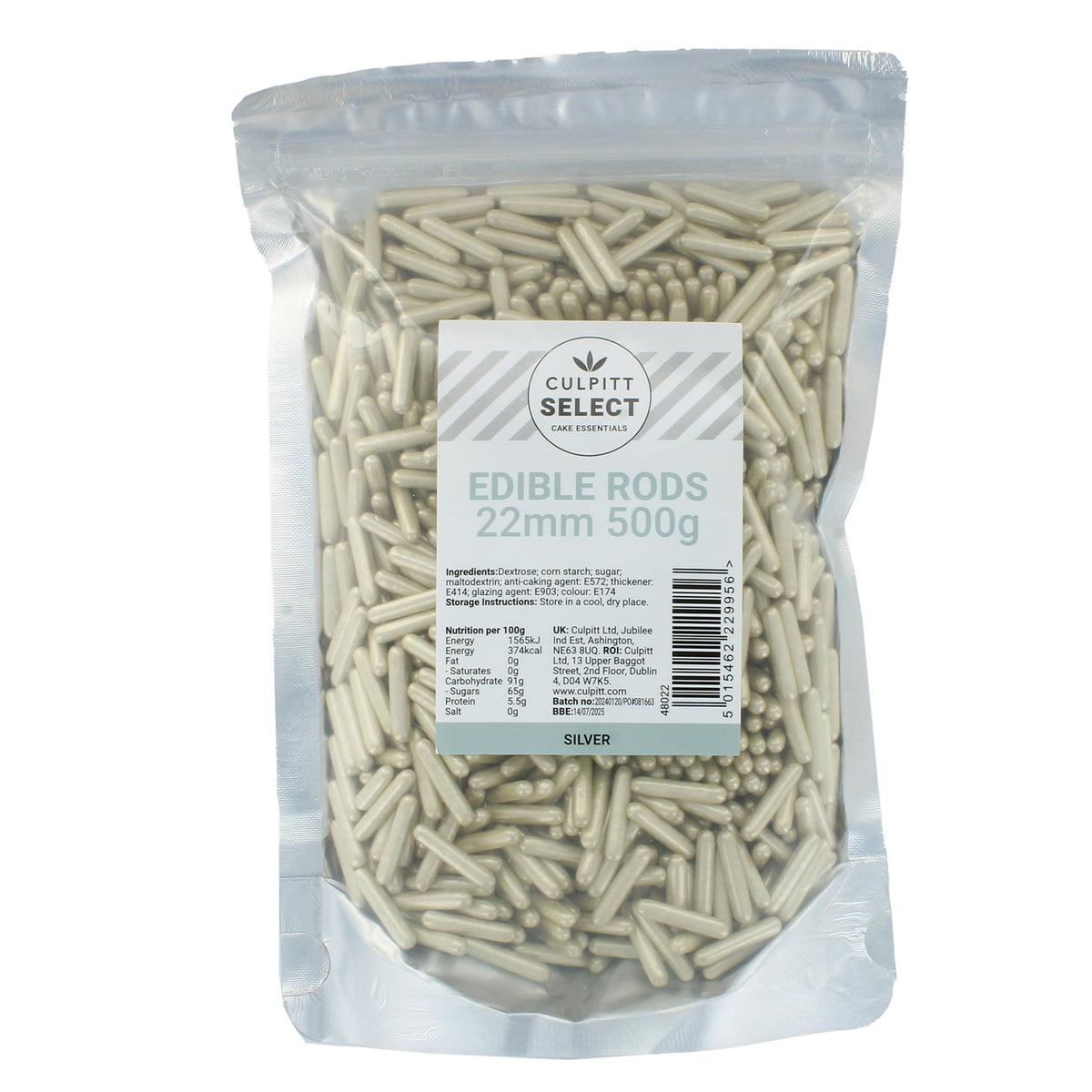 Culpitt Silver Sugar Rods - Edible Cake Decorations | 500g Pouch | 22mm Size 1
