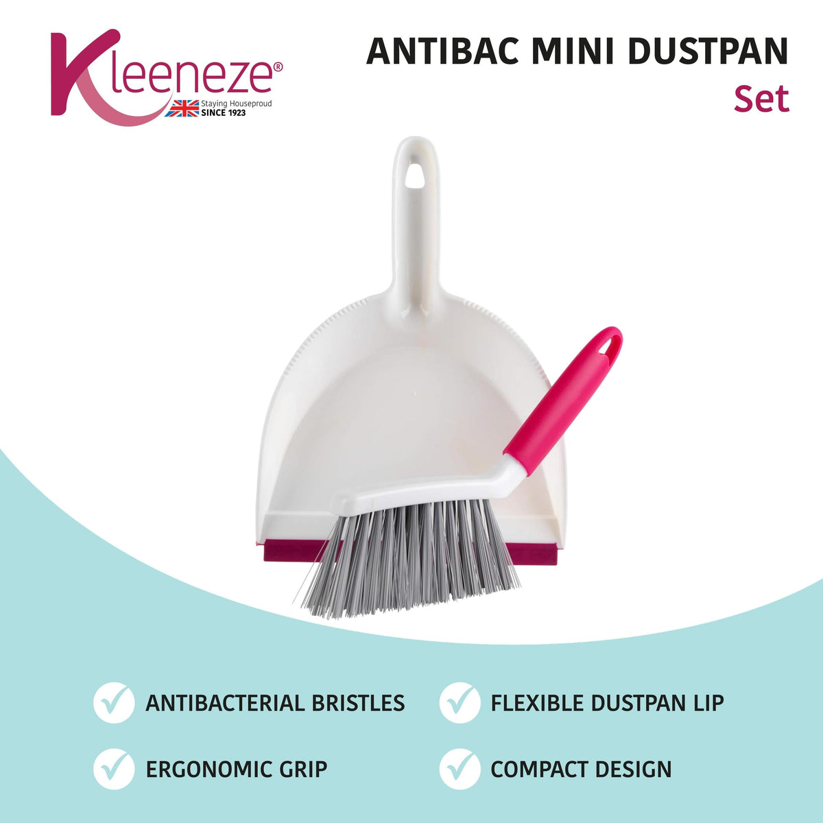 Kleeneze Anti Bac Dustpan and Brush Set - Antibacterial Bristles, Ergonomic Grip, Compact