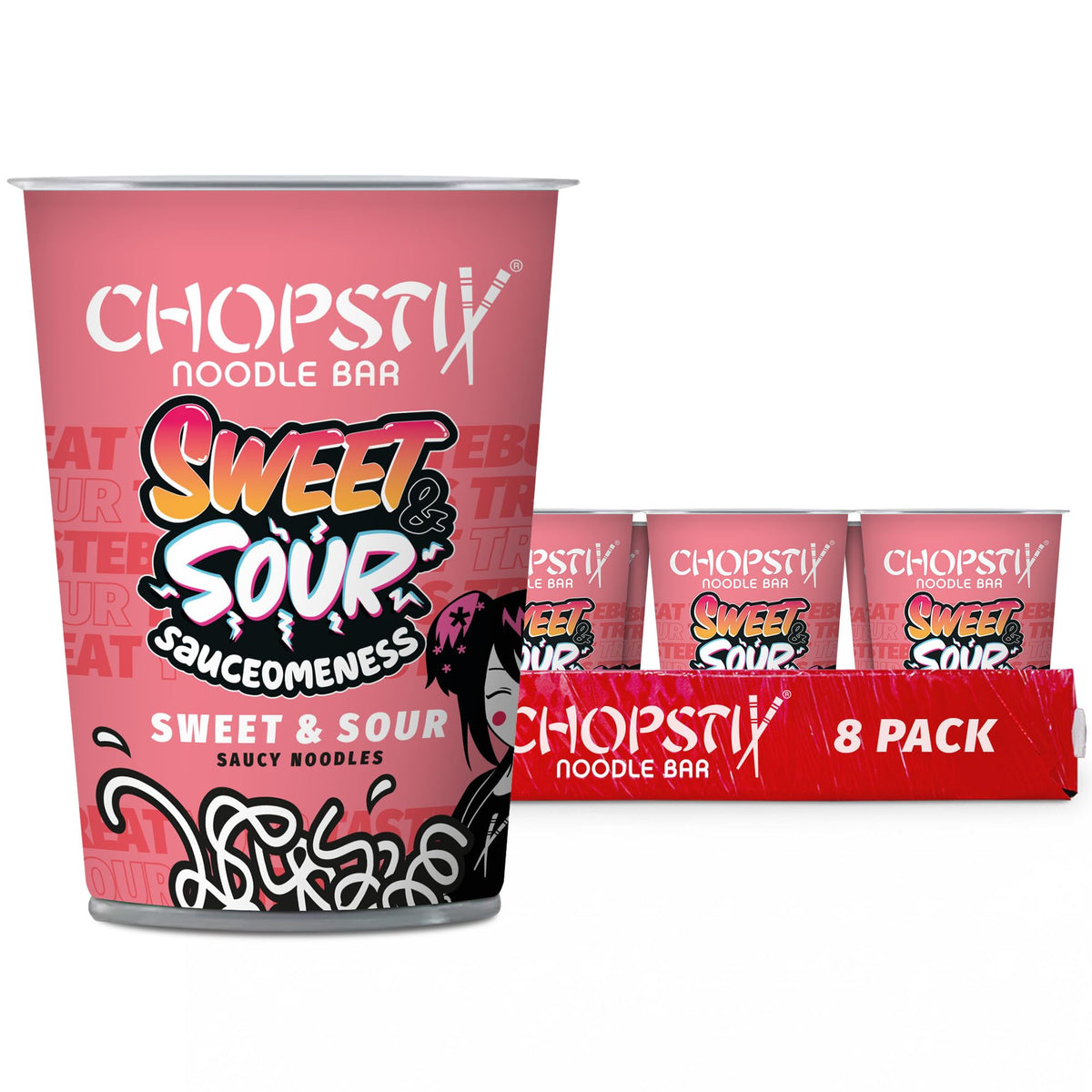 Chopstix Sweet & Sour Saucy Noodles - 8 x 72g Multipack | Extra-Long Wheat Noodles | Ready in 6 Minutes