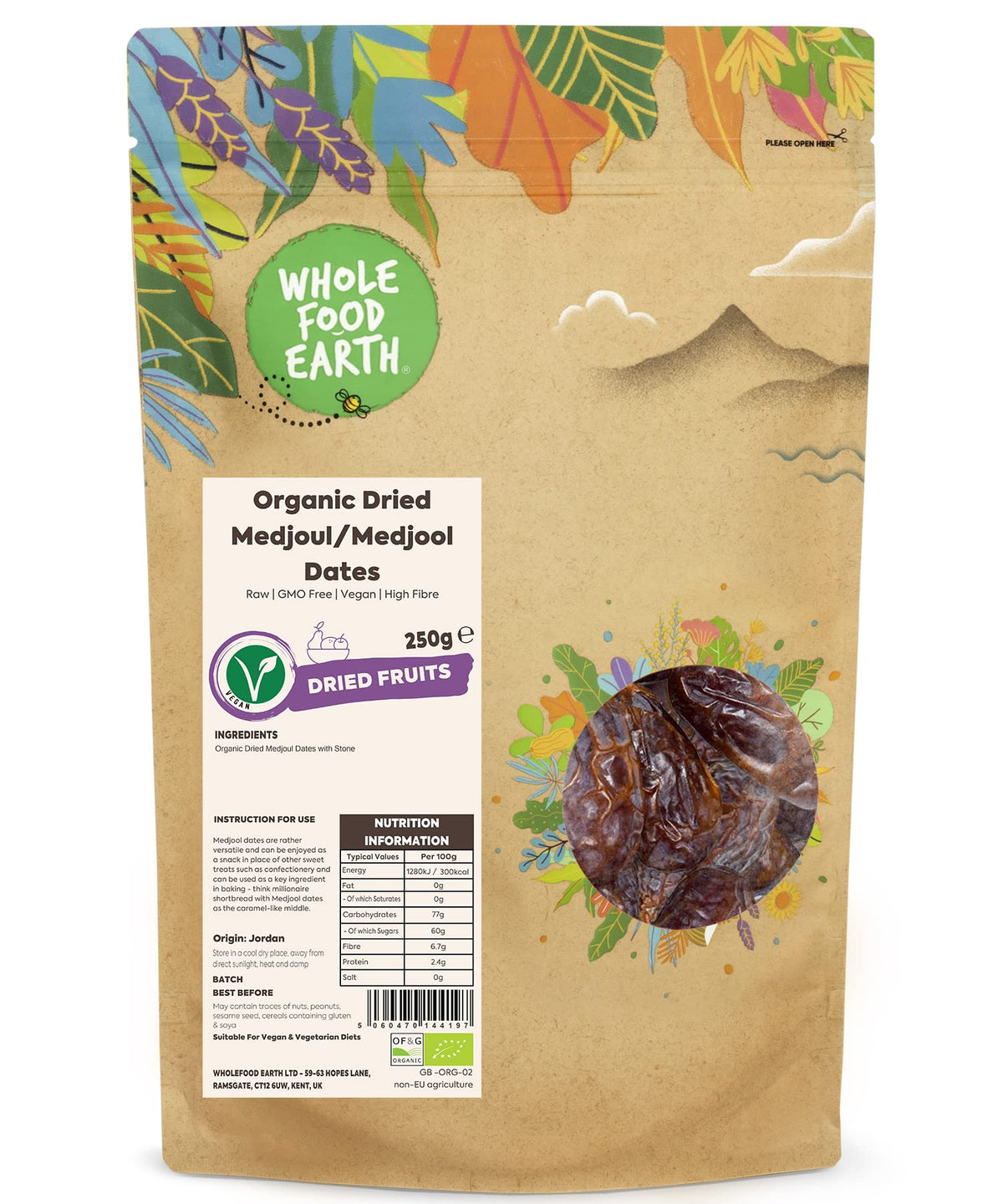 Wholefood Earth Organic Dried Medjoul Dates - 250g | Raw | GMO Free