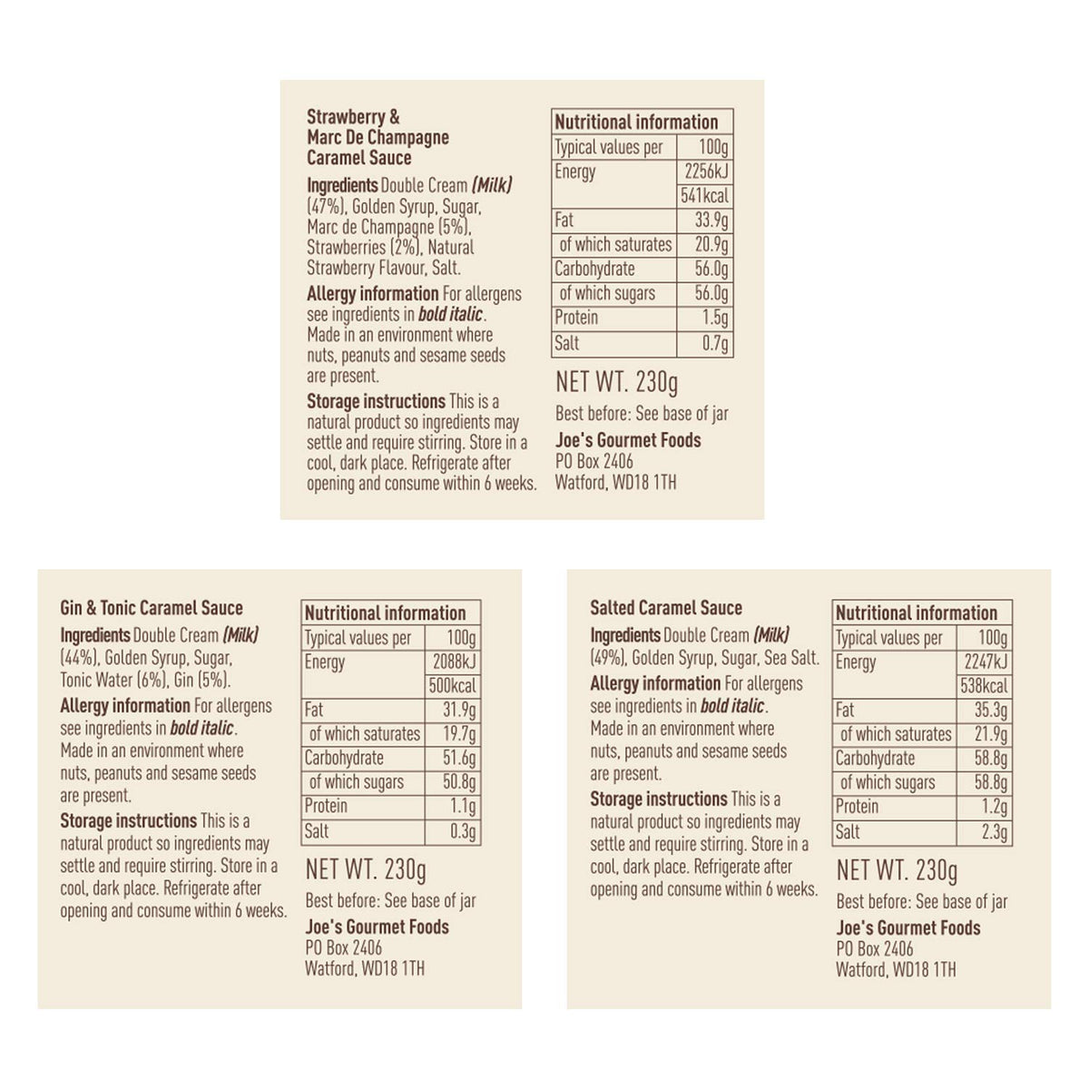 Joe & Seph's Gourmet Caramel Sauce Selection Set - 3 x 230g Jars | Salted Caramel, Gin & Tonic, Strawberry & Marc de Champagne 2