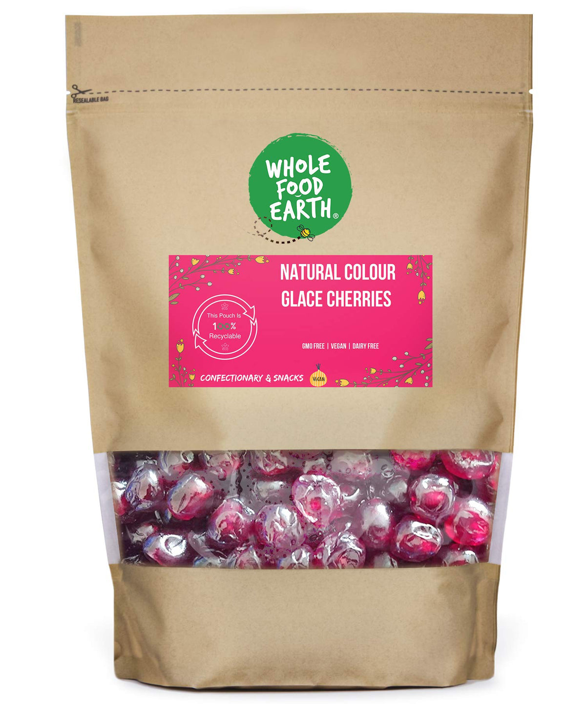 Wholefood Earth Glace Cherries - Natural Colour, Vegan, Dairy-Free | 500g