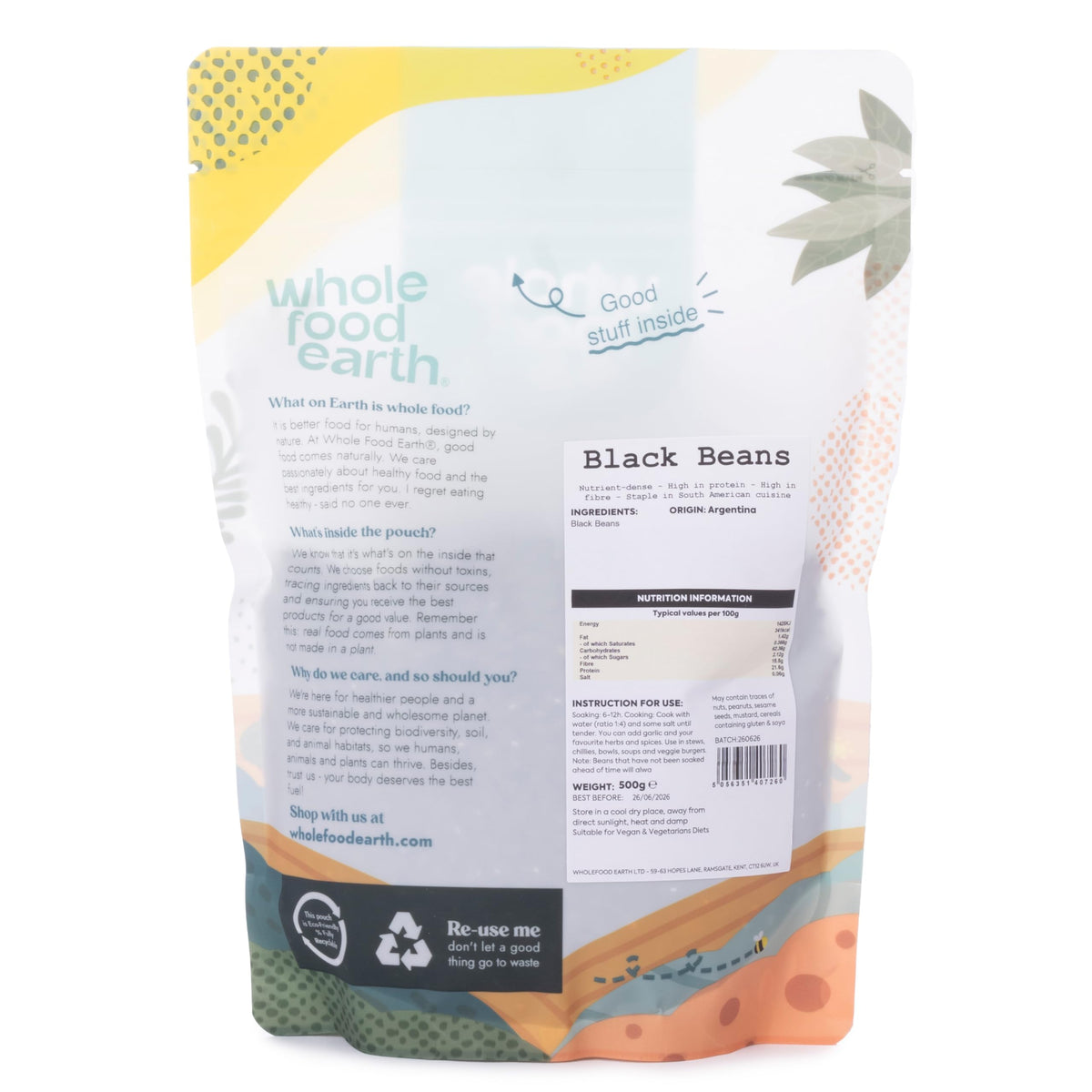 Wholefood Earth Black Beans - High Fibre, Natural, GMO Free | 500g