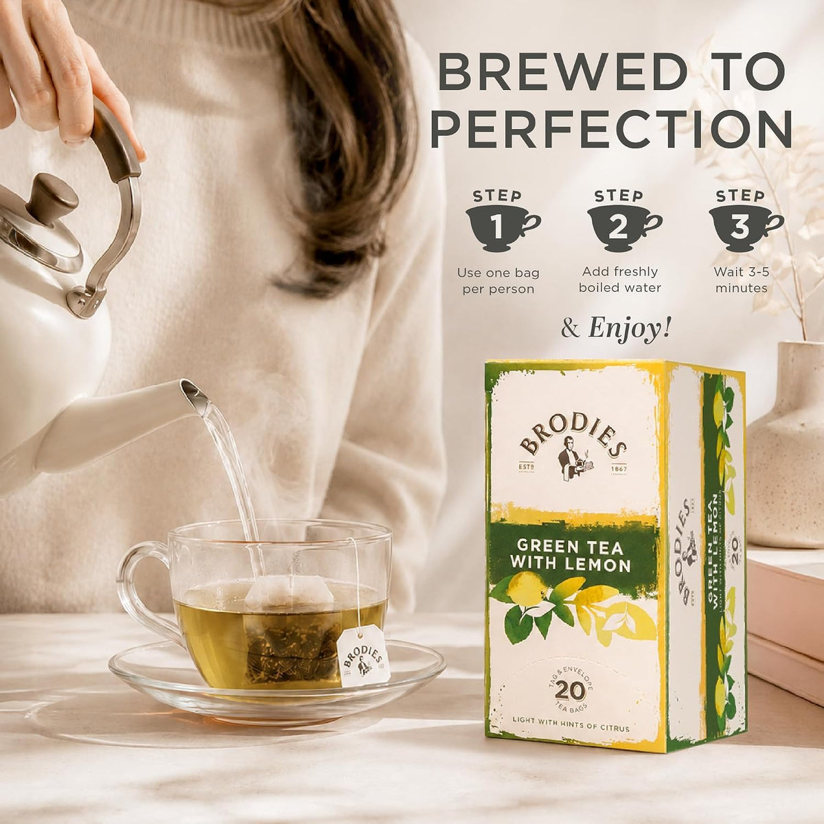 Brodies Green Tea with Lemon - 120 Teabags | Refreshing & Palate Cleansing | 6 Boxes of 20 4