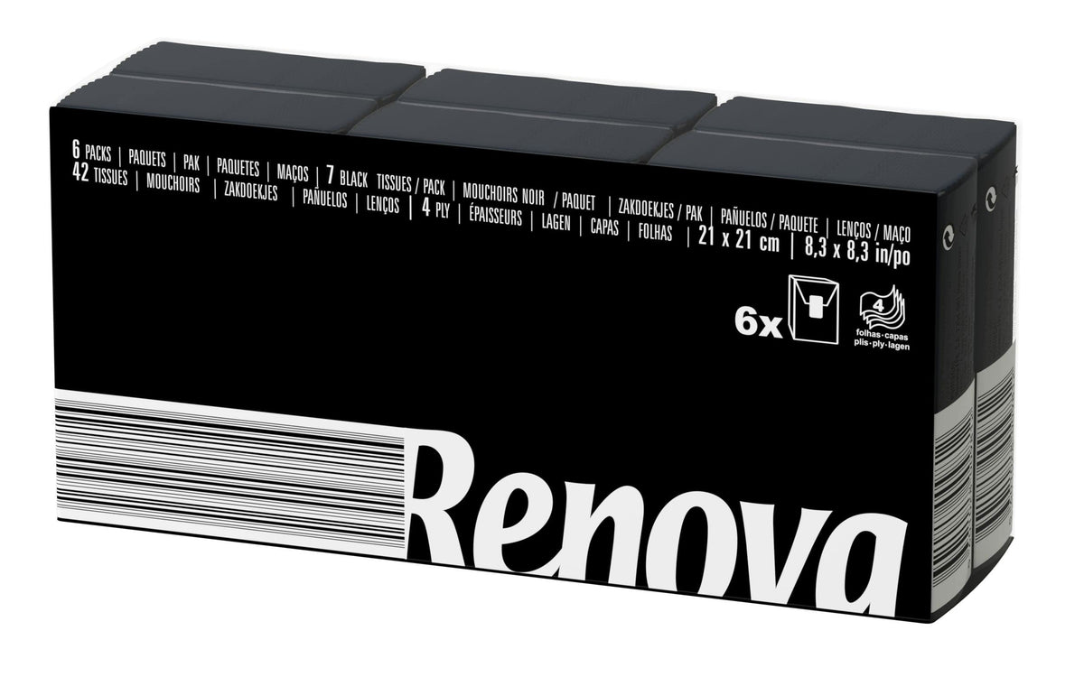 Renova Black Pocket Tissues - 3-Ply Soft & Absorbent | 6 Packs of 7 Tissues