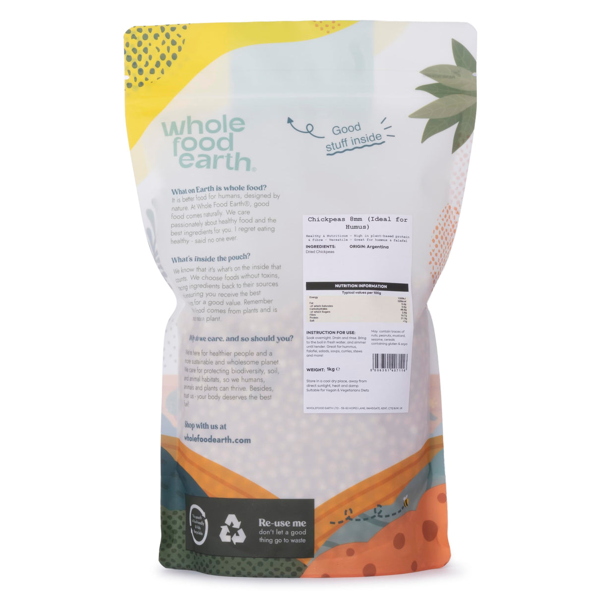 Wholefood Earth Dried Chick Peas - 8mm Size, 1kg Bag | GMO Free, High Protein & Fibre