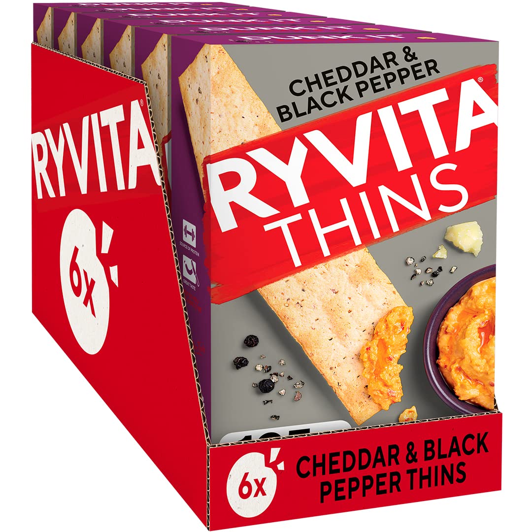 Ryvita Cheddar & Cracked Black Pepper Thins - 6 Packs of 125g | Source of Fibre | Made in UK