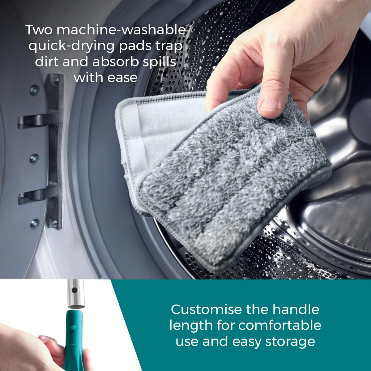 Tower Flat Mop and Bucket Set with 2 Washable Microfibre Mop Heads - Teal 5