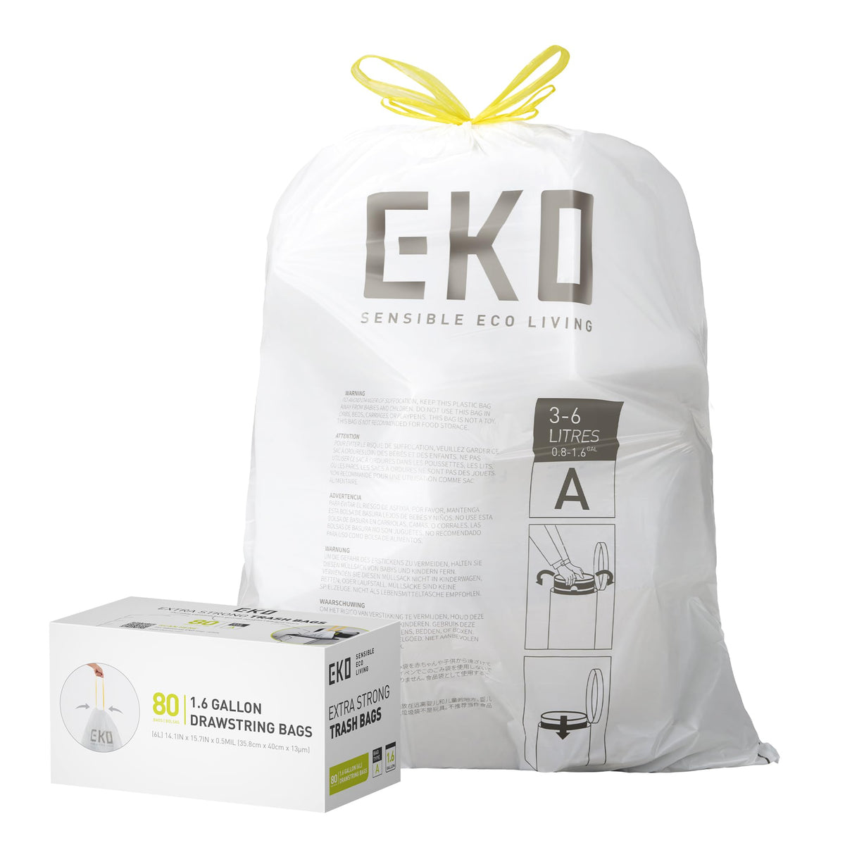 EKO Drawstring Bin Liners - Extra Strong, Leakproof | 3-6 Litre, 80 Count 1